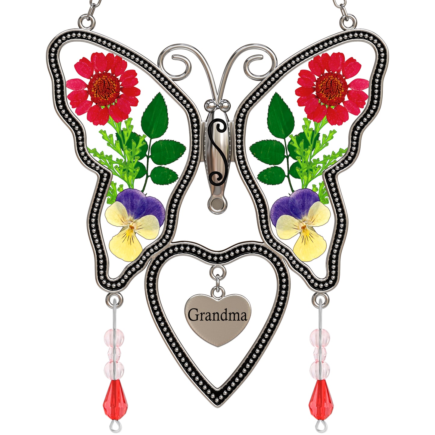 Grandma Butterfly Suncatcher with Real Pressed Flowers – Window Hanging Gift