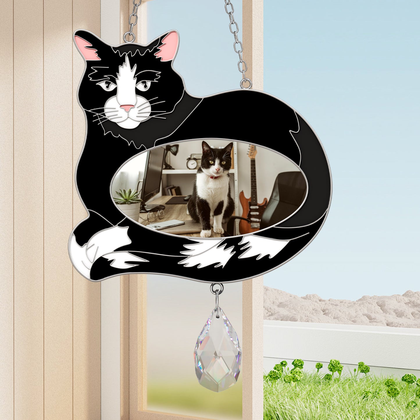 Stained Glass Black & White Cat Hanging Photo Frame with Crystal Pendant