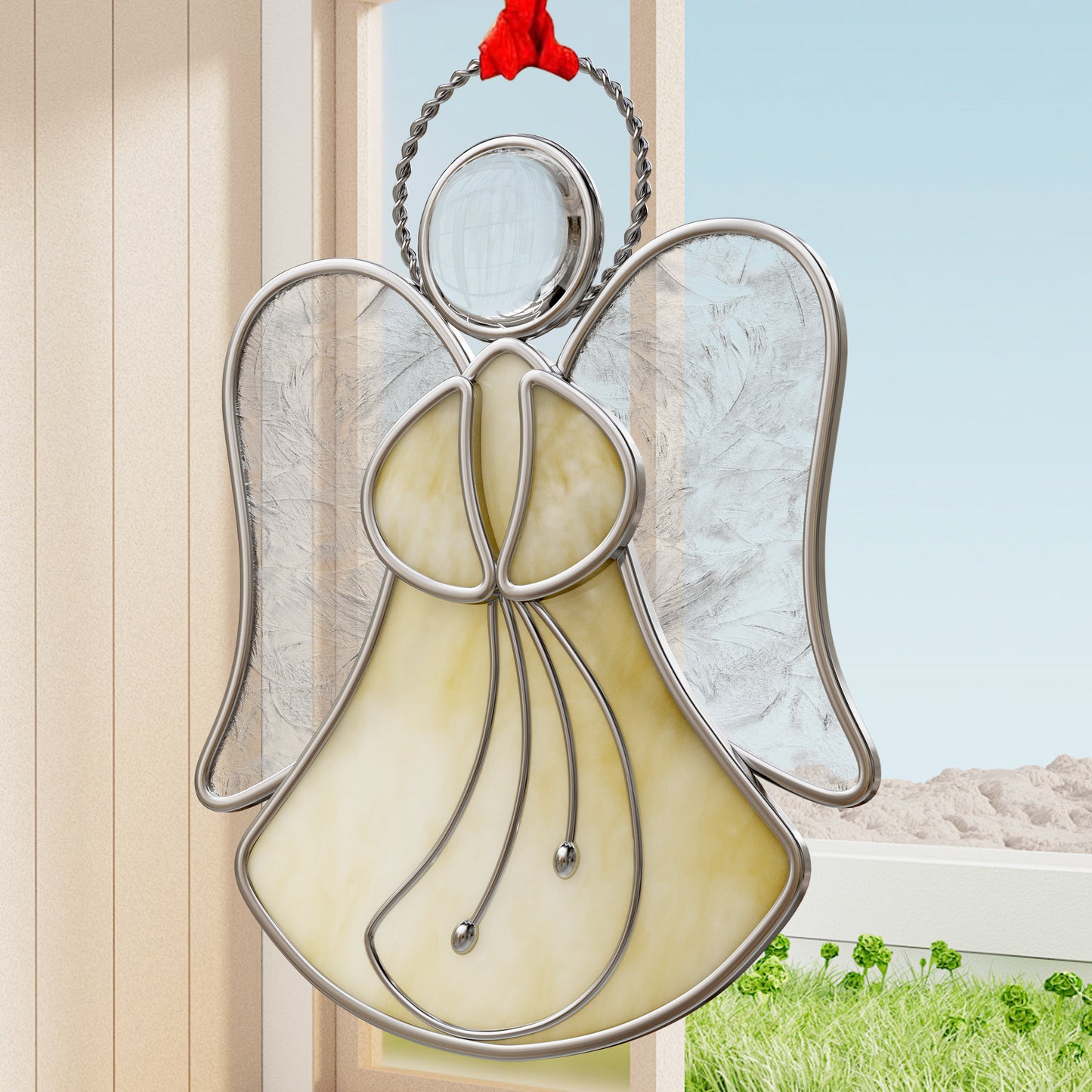 Stained Glass Angel Ornament – Amber & Clear Textured Glass Hanging Decoration
