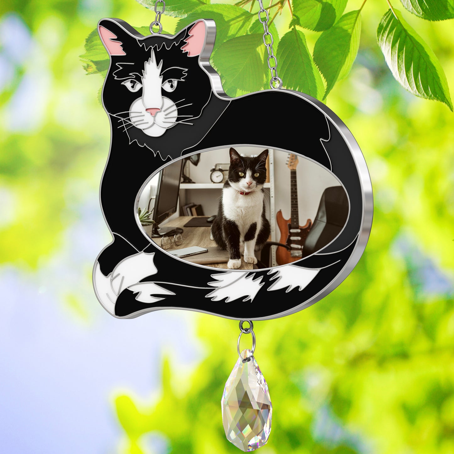 Stained Glass Black & White Cat Hanging Photo Frame with Crystal Pendant