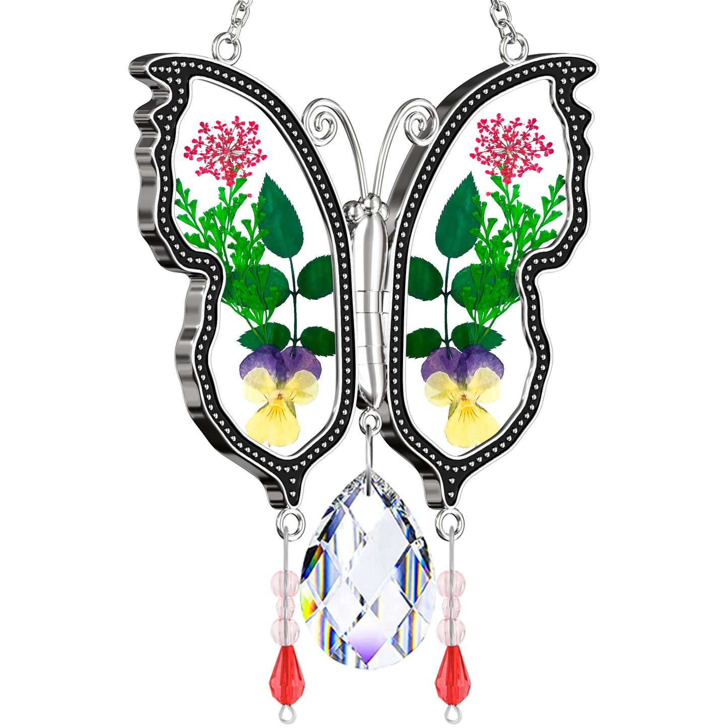 Holiday Butterfly Suncatcher – Real Flowers and Crystal Window Ornament
