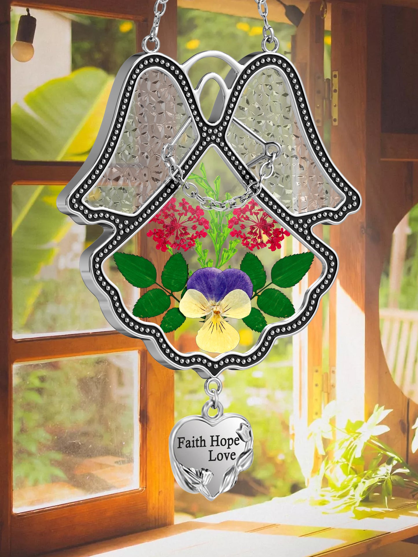 Angel Suncatcher with Real Pressed Flowers – “Faith Hope Love” Heart Charm