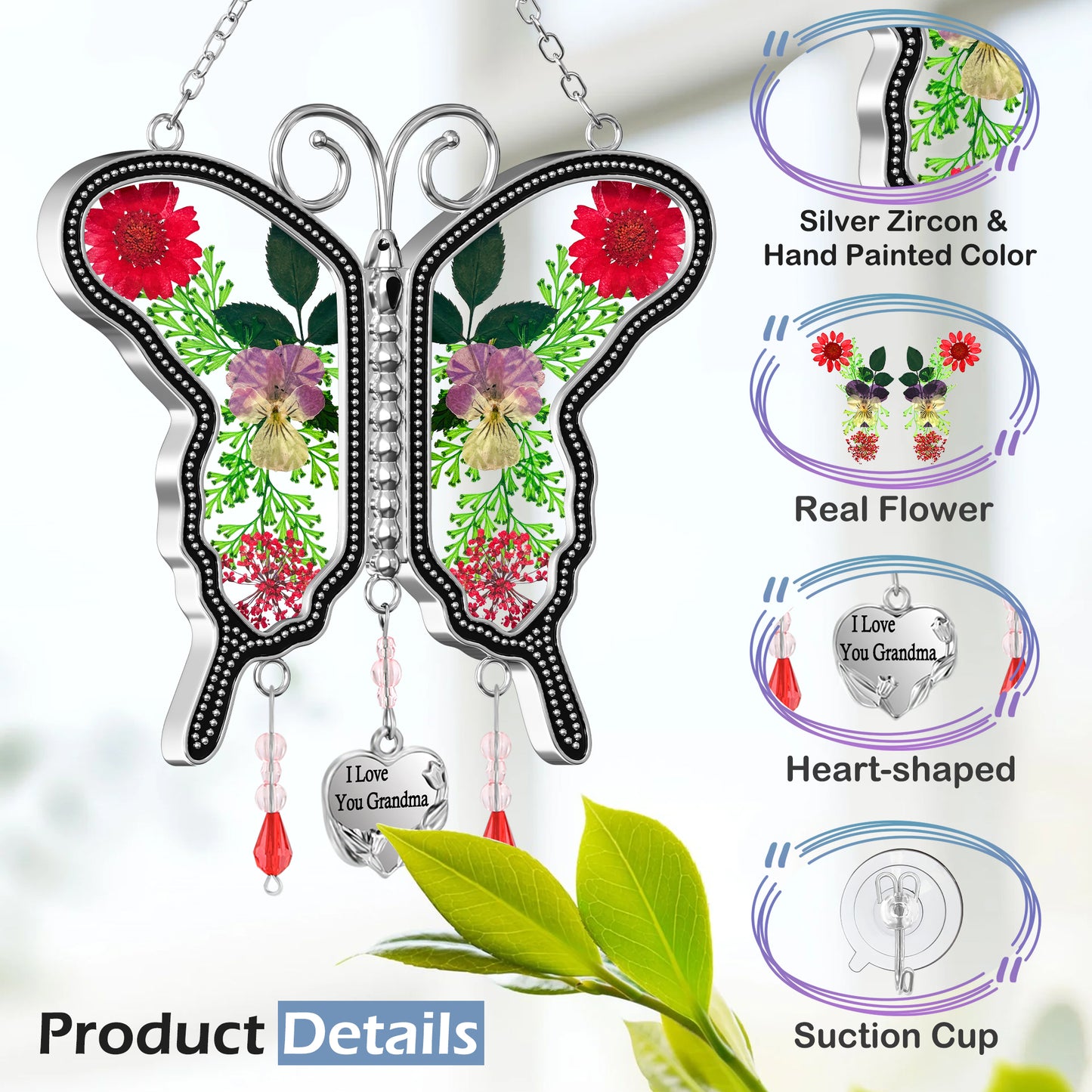 "I Love You Grandma" Butterfly Suncatcher – Handmade Glass Ornament with Real Flowers