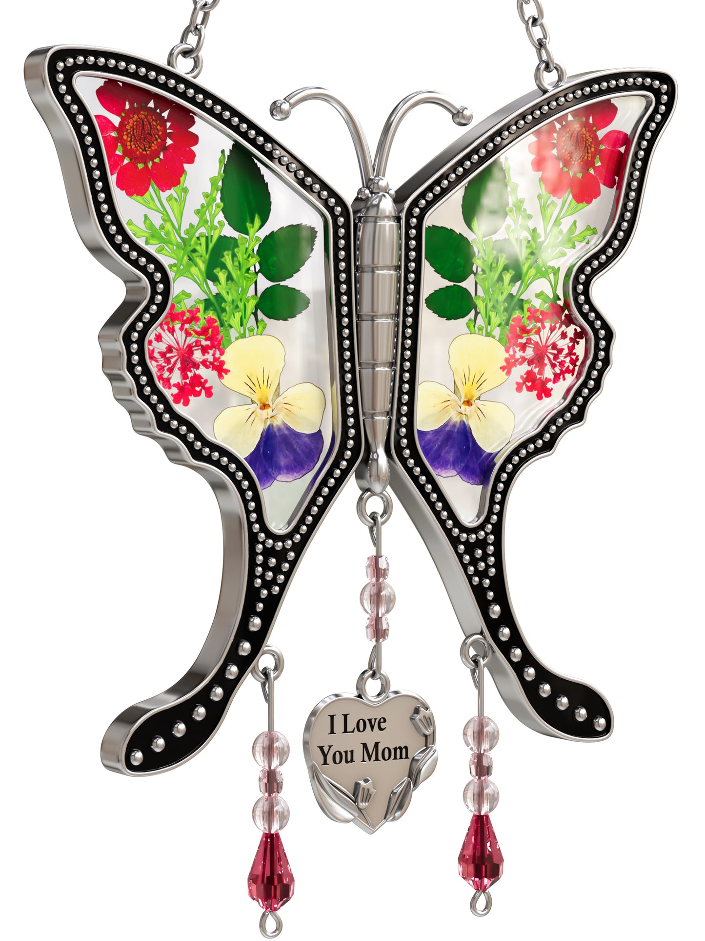 "I Love You Mom" Butterfly Sun Catcher – Handmade Glass Ornament with Real Flowers