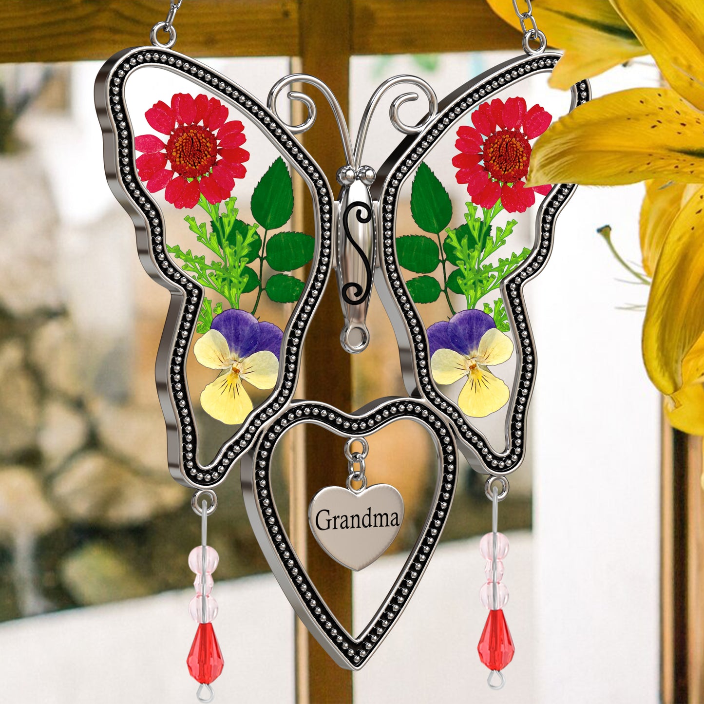 Grandma Butterfly Suncatcher with Real Pressed Flowers – Window Hanging Gift
