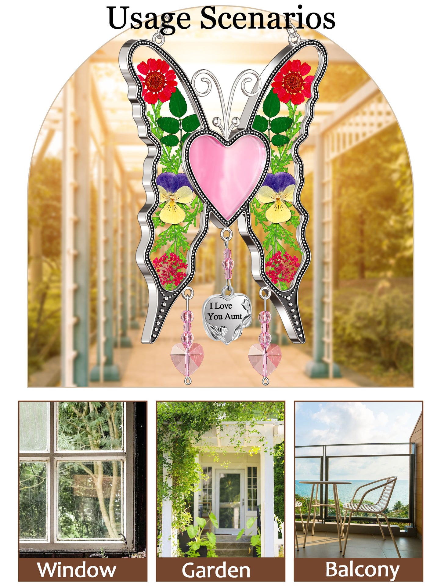 Butterfly Suncatcher with Real Flowers – "I Love You Aunt" Heart Gift
