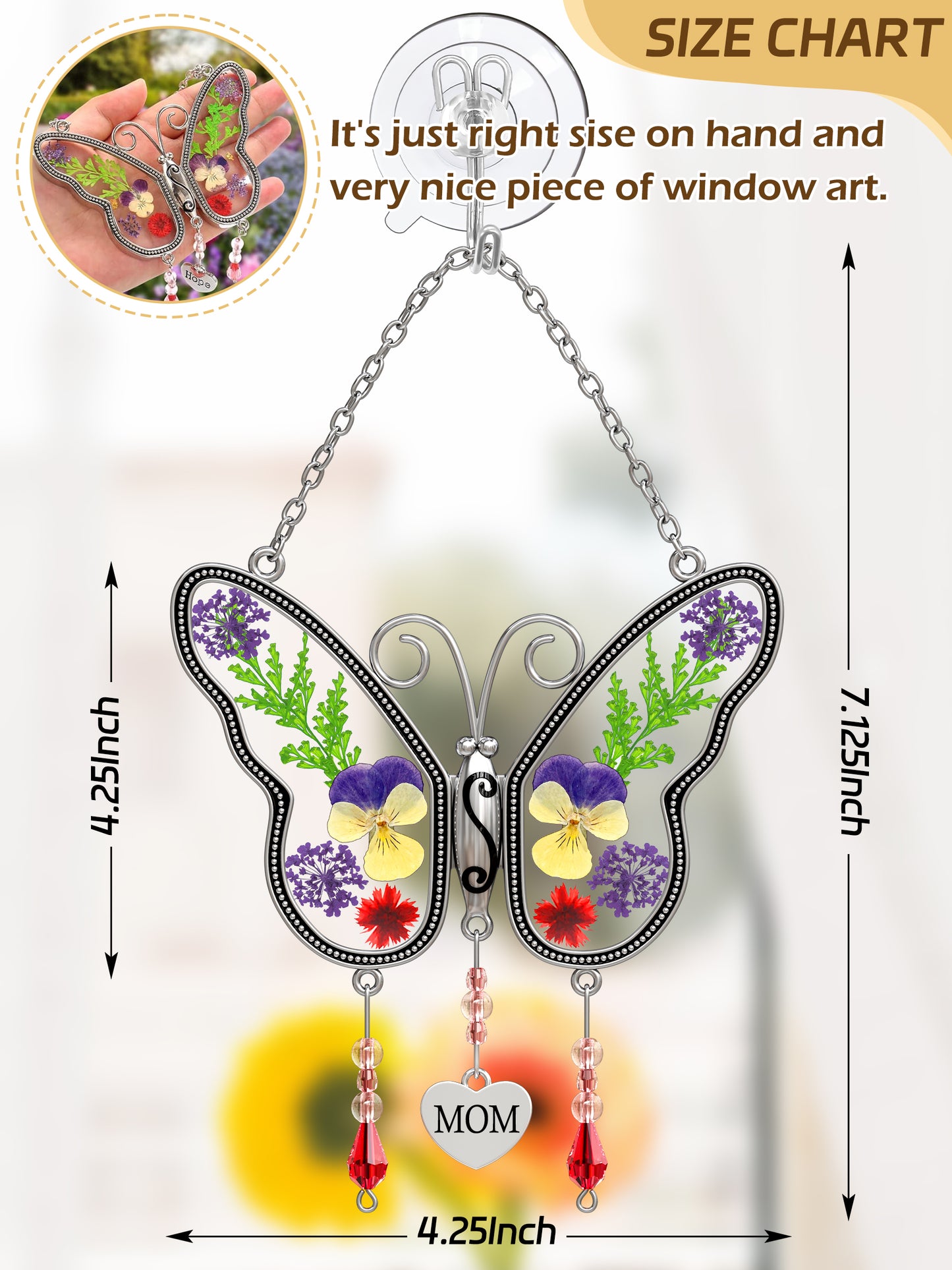 Butterfly Suncatcher with Real Pressed Flowers – “MOM” Heart Charm Window Gift