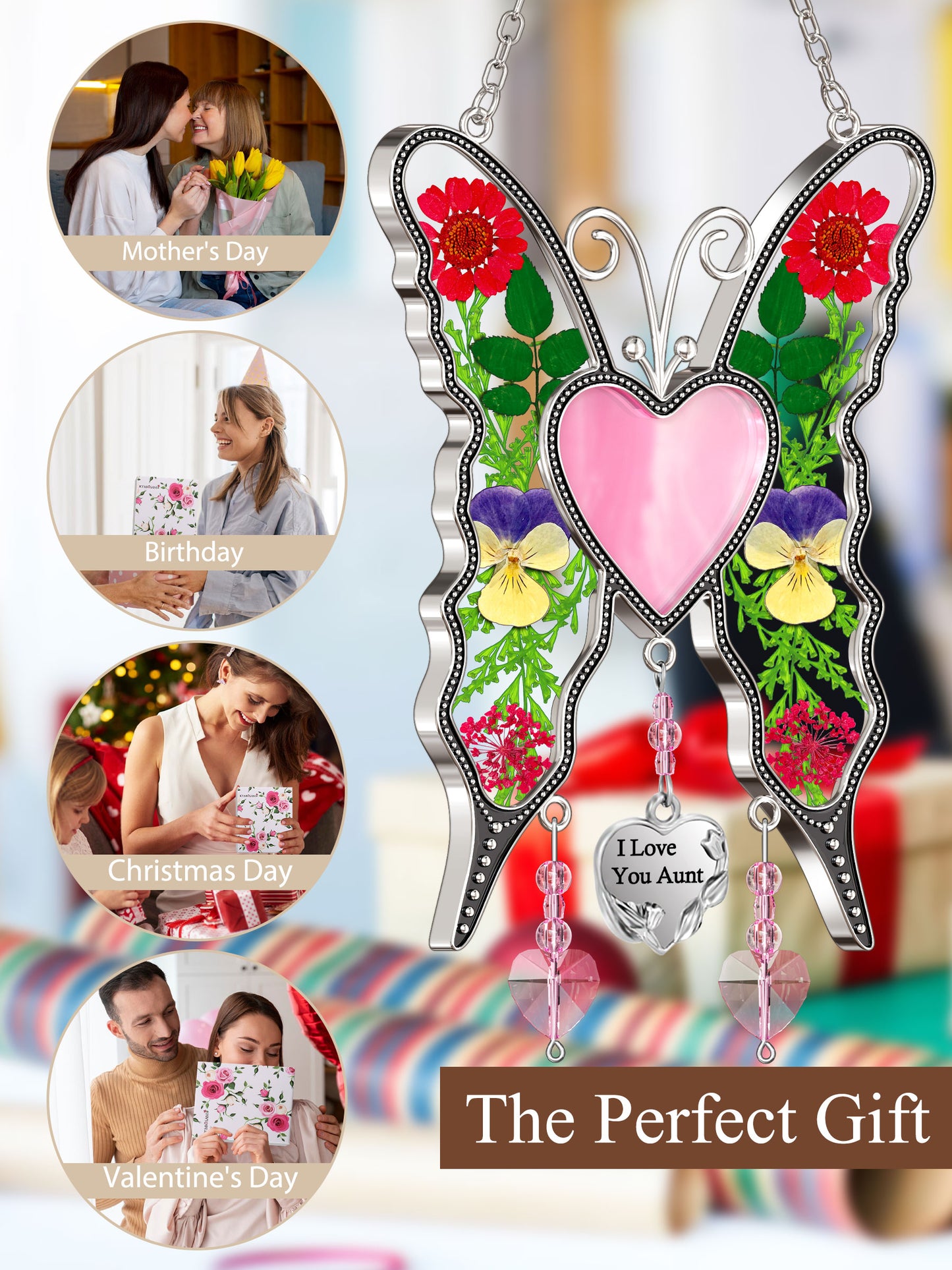 Butterfly Suncatcher with Real Flowers – "I Love You Aunt" Heart Gift