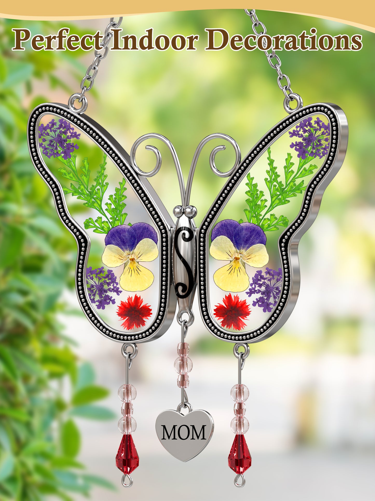 Butterfly Suncatcher with Real Pressed Flowers – “MOM” Heart Charm Window Gift