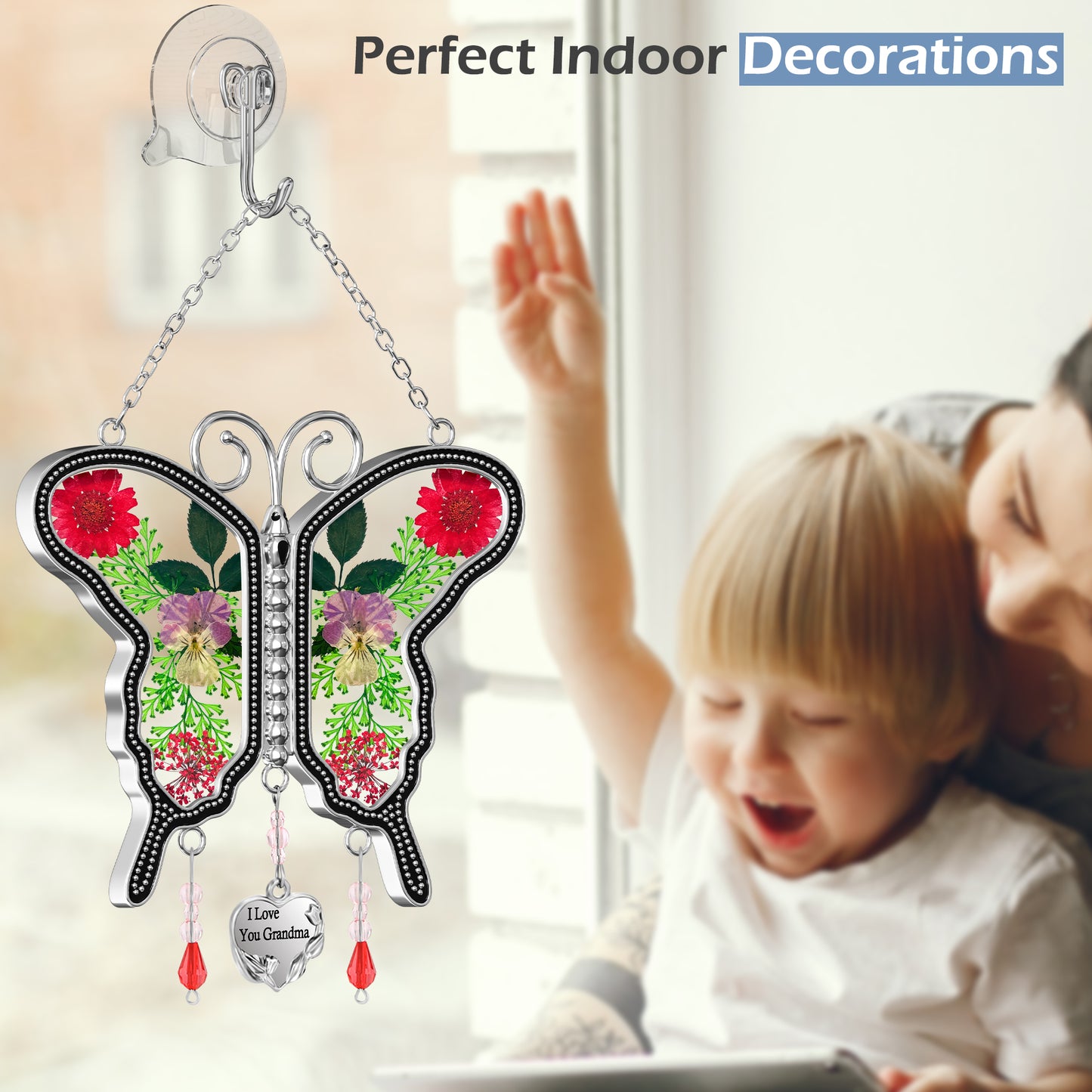 "I Love You Grandma" Butterfly Suncatcher – Handmade Glass Ornament with Real Flowers