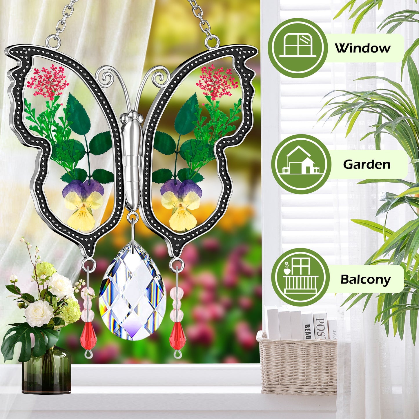 Holiday Butterfly Suncatcher – Real Flowers and Crystal Window Ornament