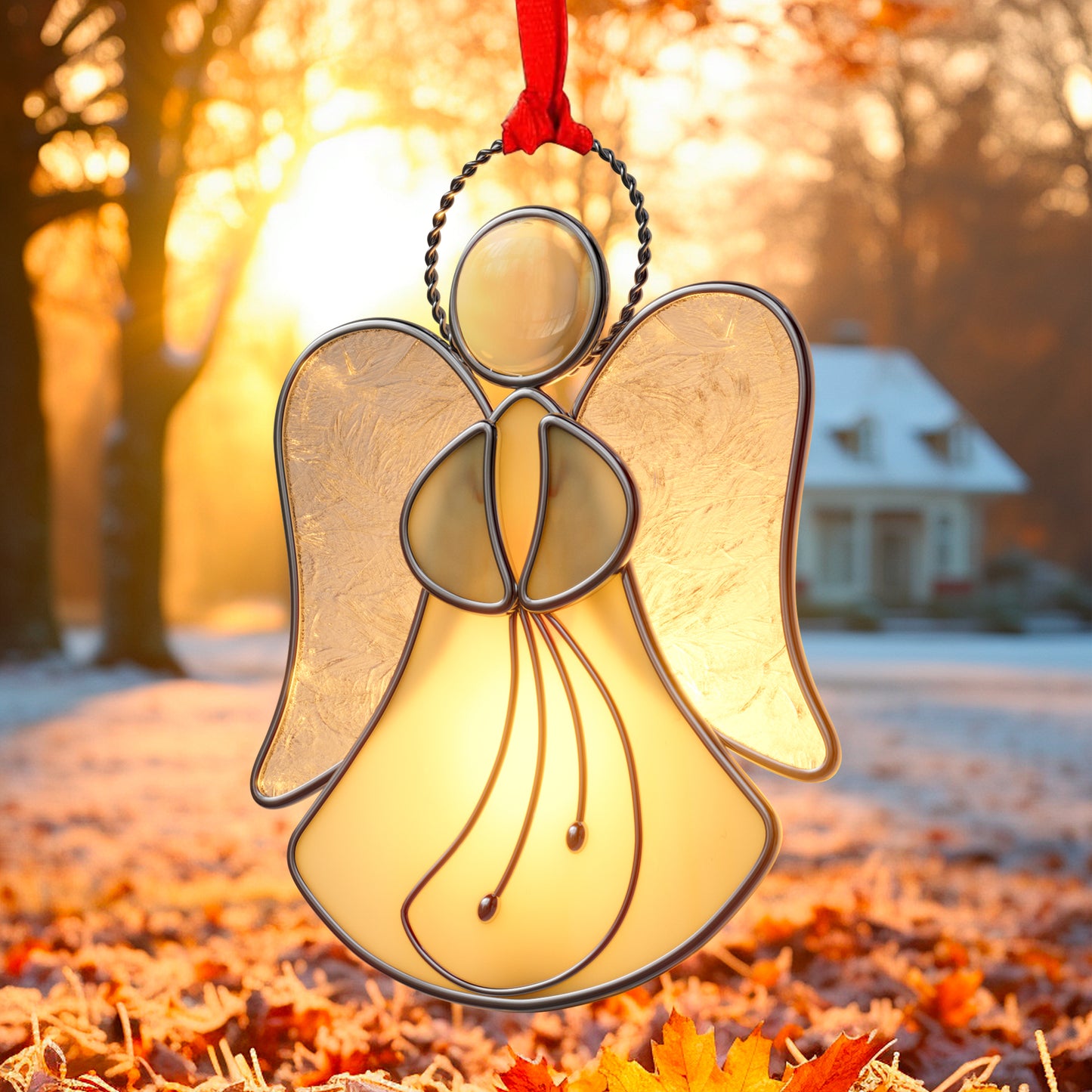 Stained Glass Angel Ornament – Amber & Clear Textured Glass Hanging Decoration