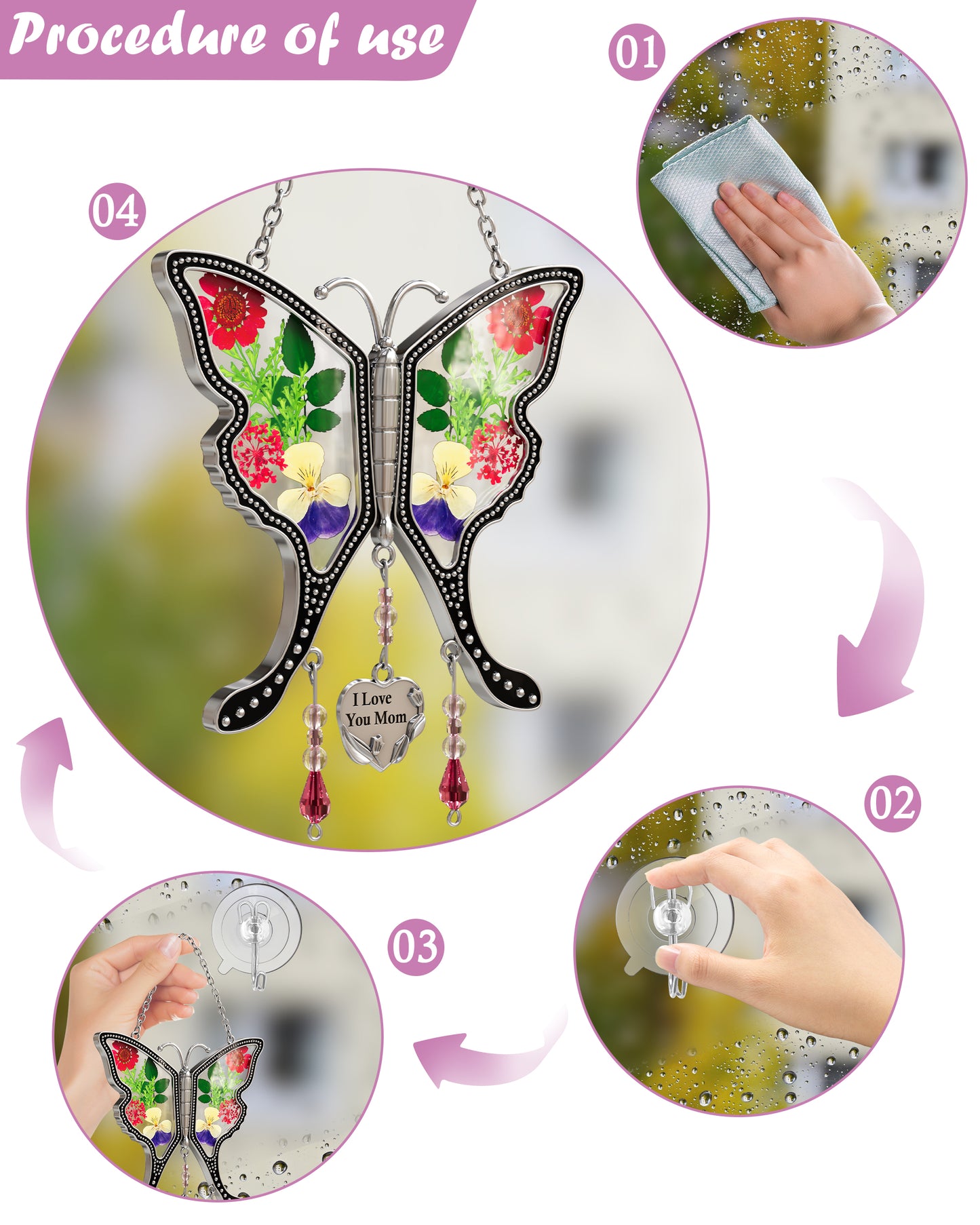 "I Love You Mom" Butterfly Sun Catcher – Handmade Glass Ornament with Real Flowers
