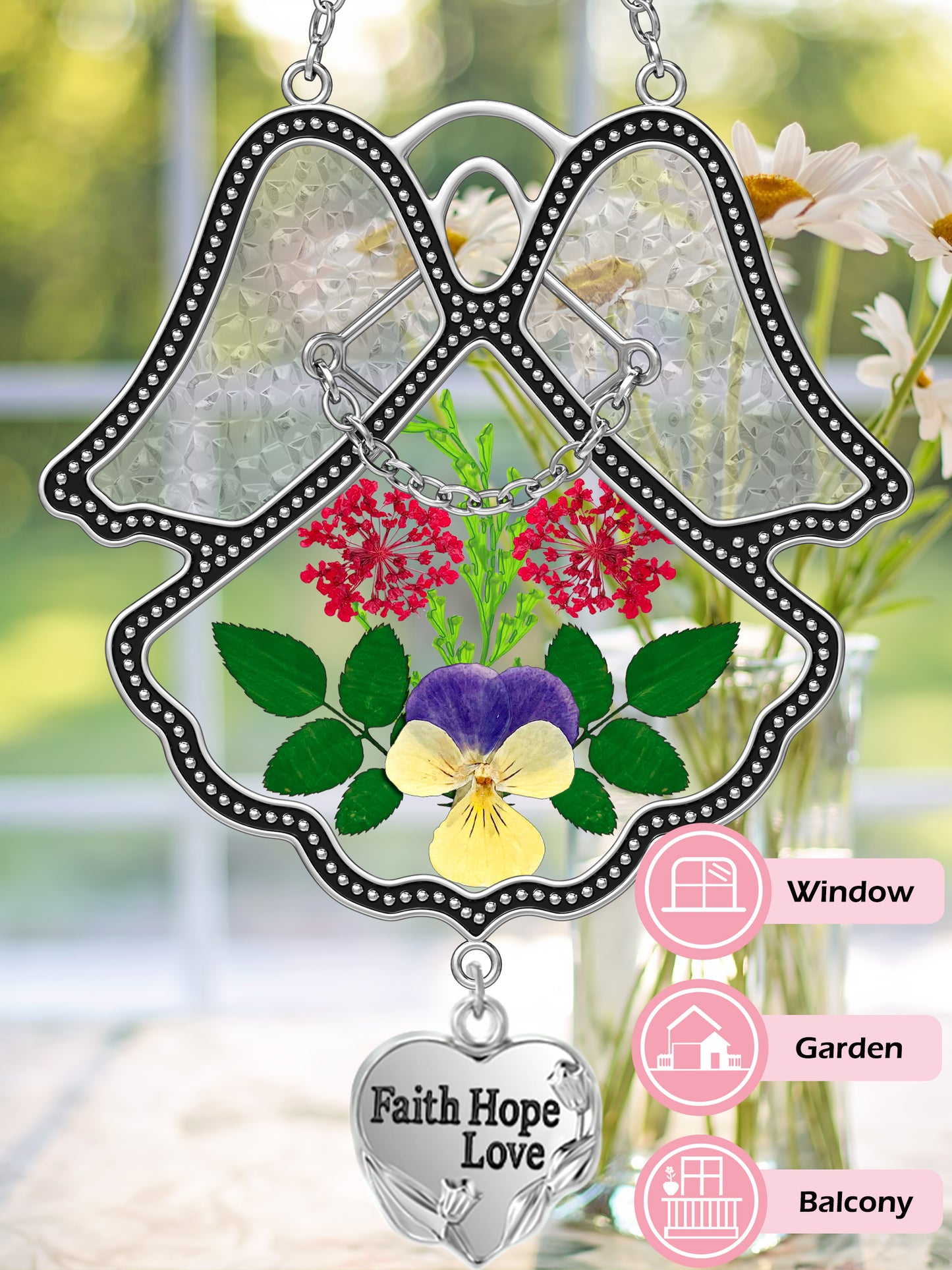 Angel Suncatcher with Real Pressed Flowers – “Faith Hope Love” Heart Charm