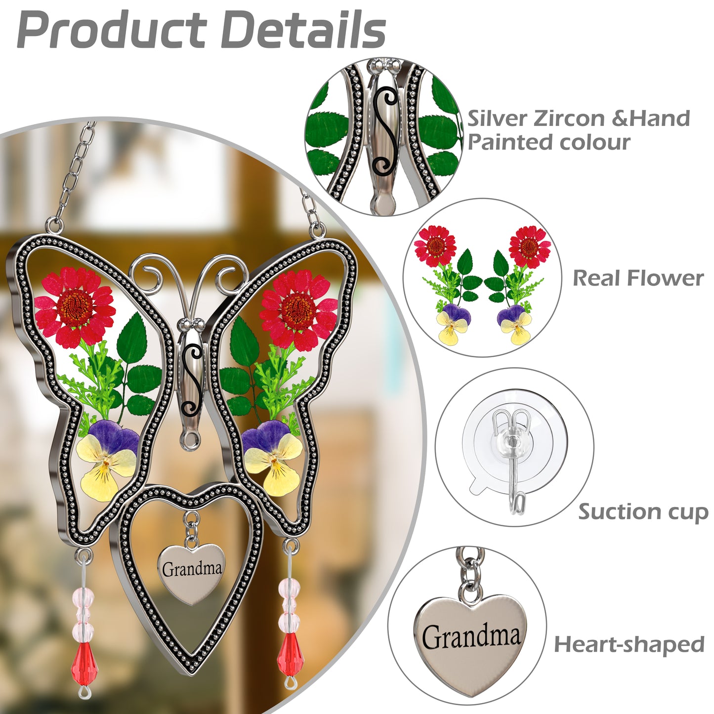 Grandma Butterfly Suncatcher with Real Pressed Flowers – Window Hanging Gift