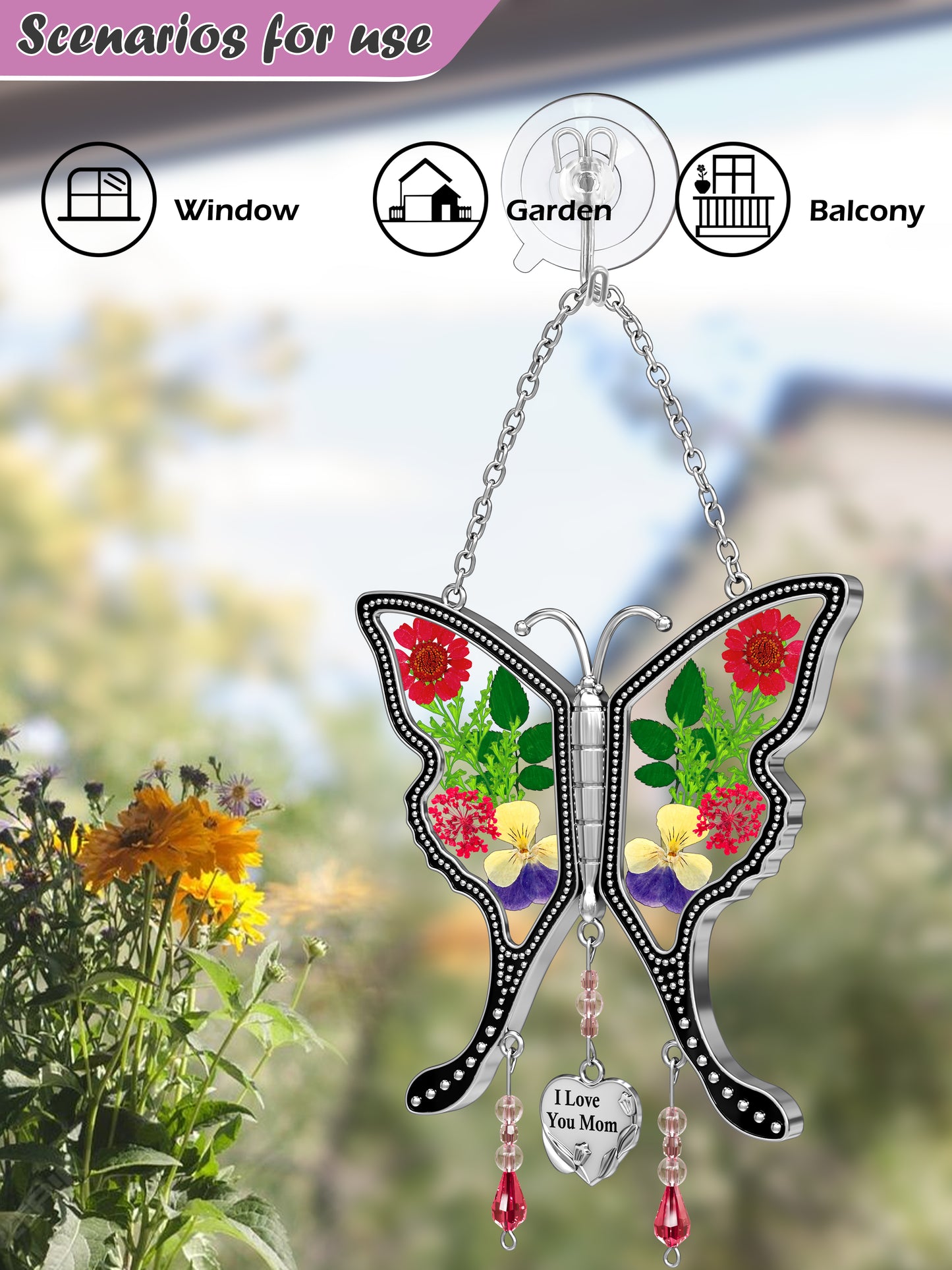"I Love You Mom" Butterfly Sun Catcher – Handmade Glass Ornament with Real Flowers