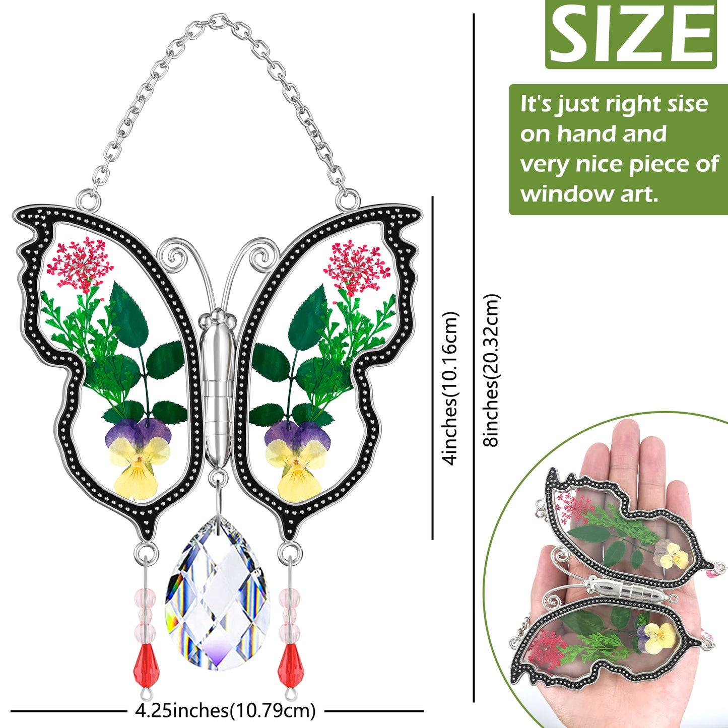 Holiday Butterfly Suncatcher – Real Flowers and Crystal Window Ornament