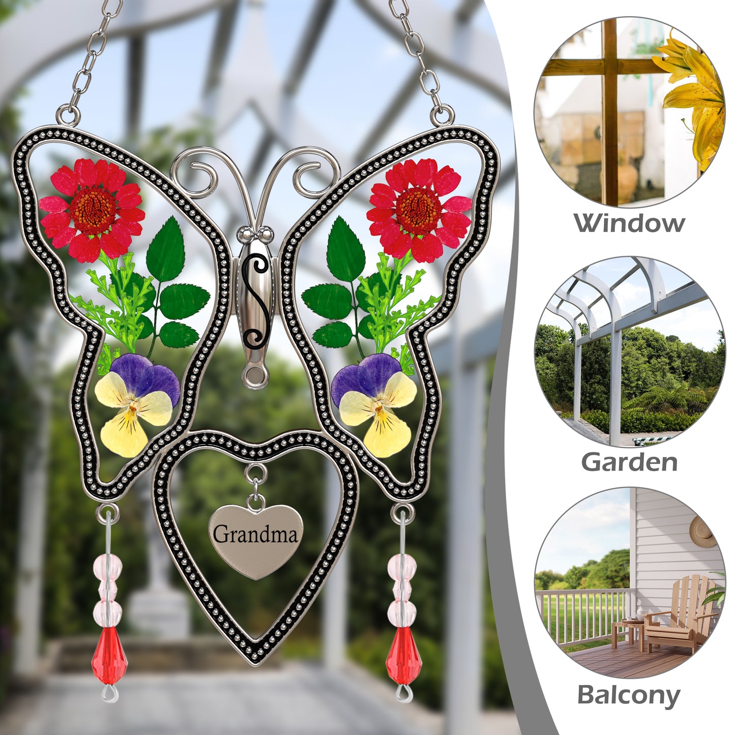 Grandma Butterfly Suncatcher with Real Pressed Flowers – Window Hanging Gift