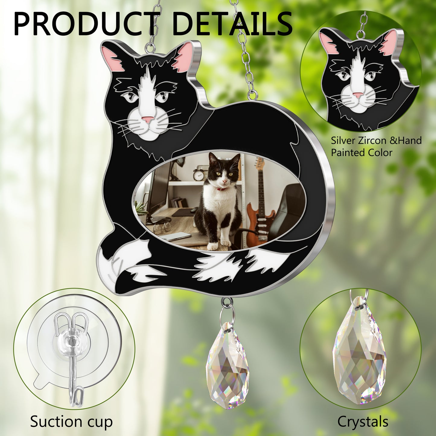 Stained Glass Black & White Cat Hanging Photo Frame with Crystal Pendant