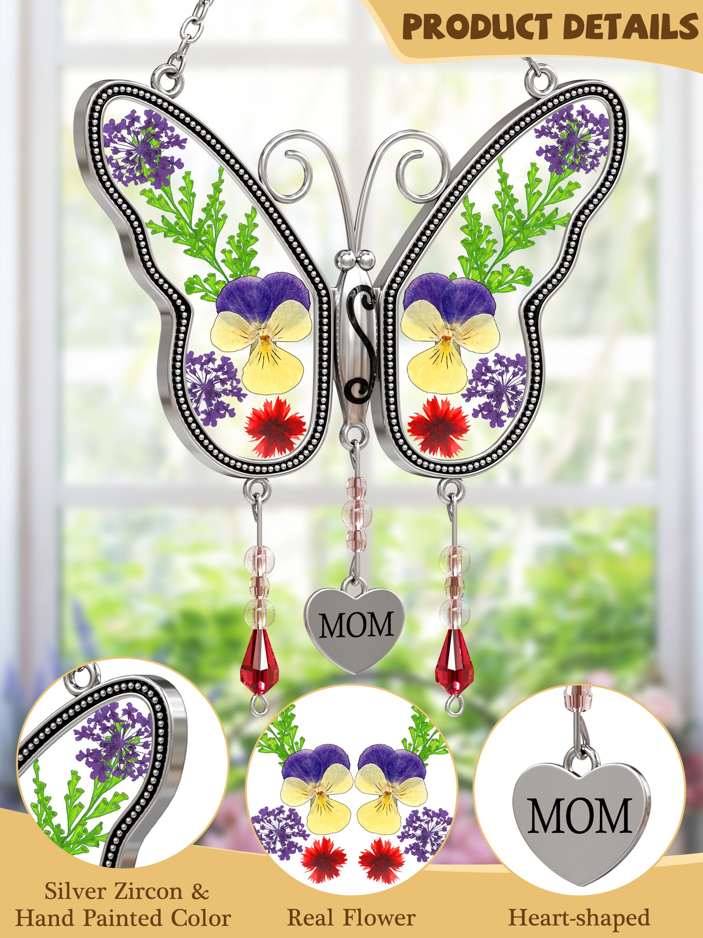 Butterfly Suncatcher with Real Pressed Flowers – “MOM” Heart Charm Window Gift