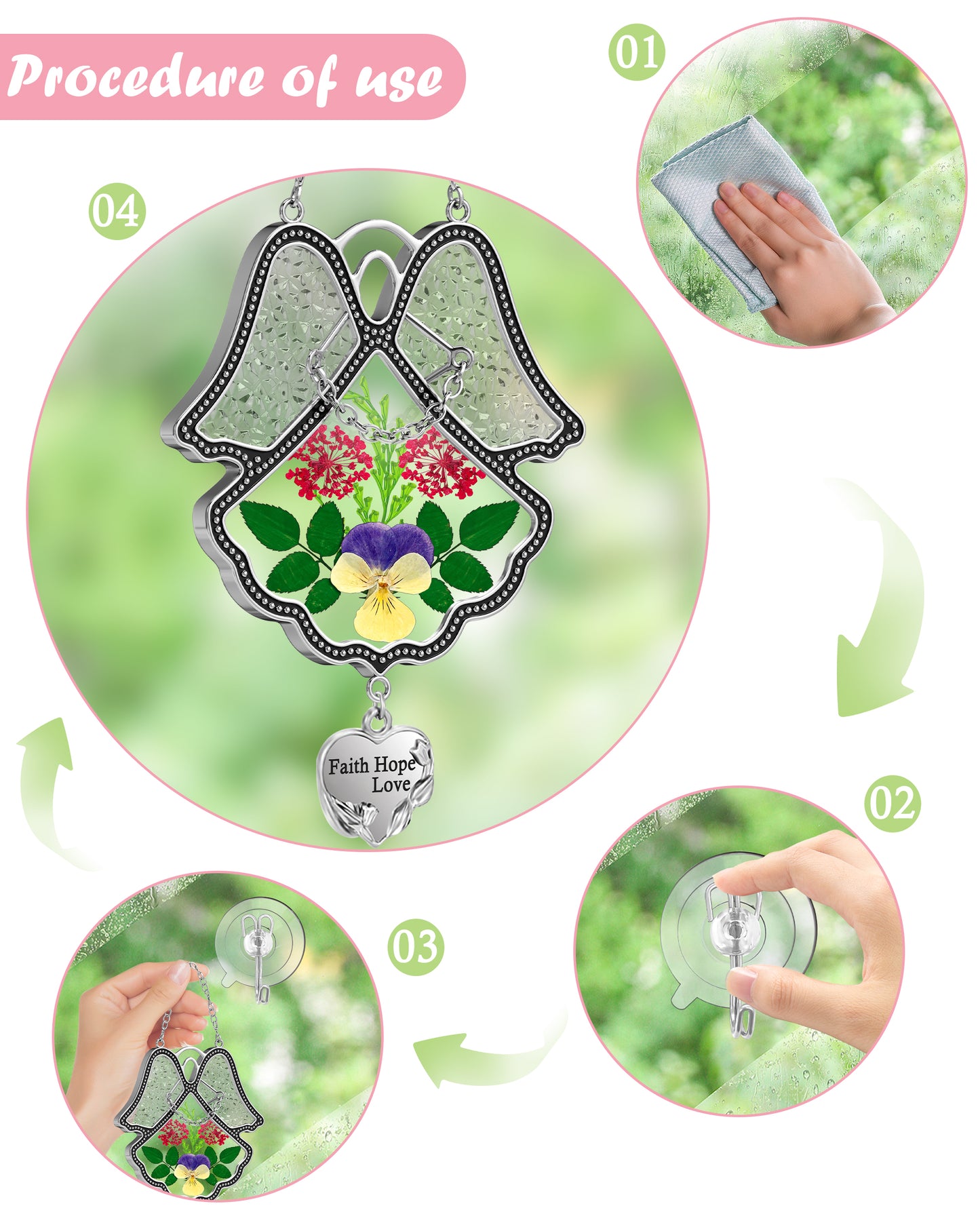 Angel Suncatcher with Real Pressed Flowers – “Faith Hope Love” Heart Charm