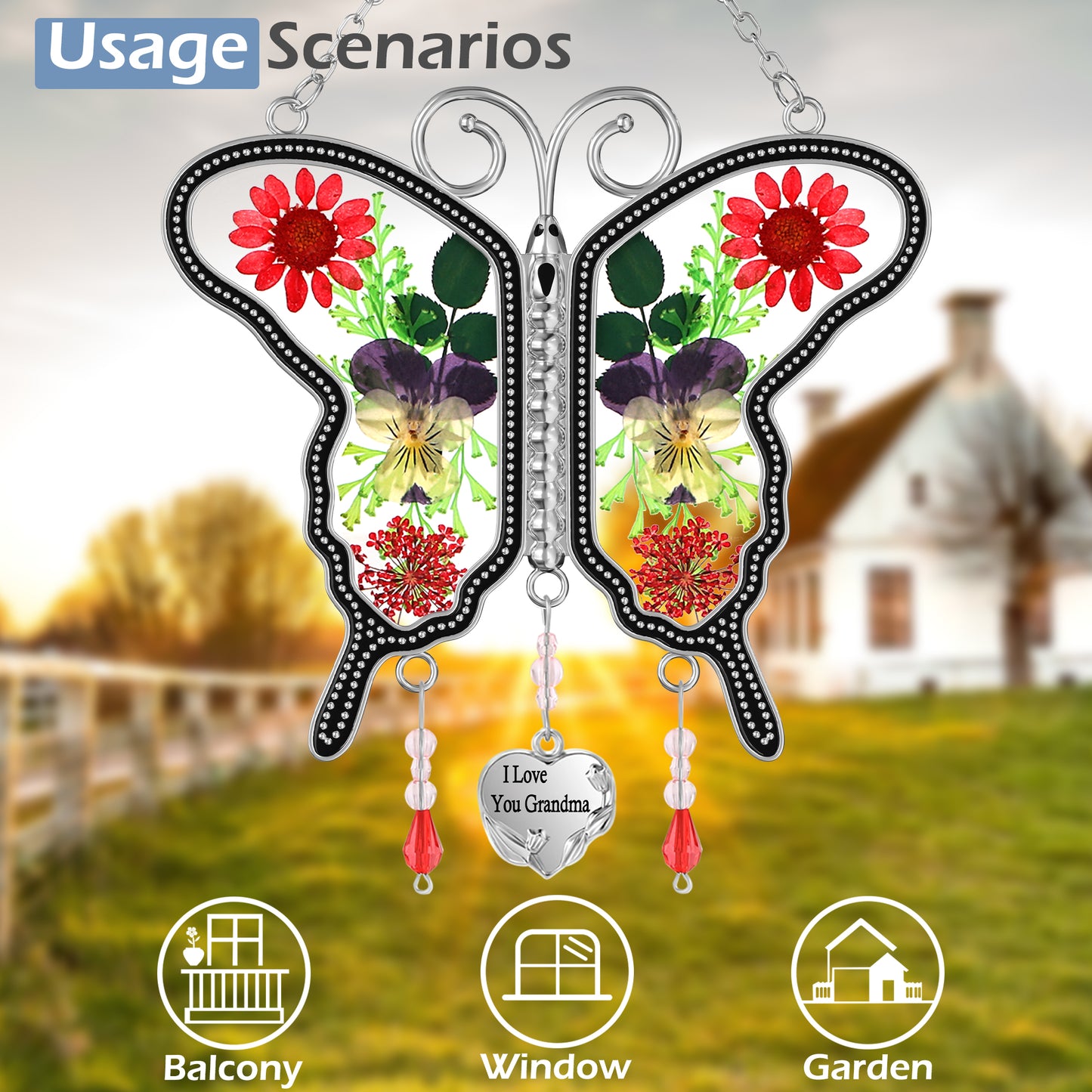 "I Love You Grandma" Butterfly Suncatcher – Handmade Glass Ornament with Real Flowers