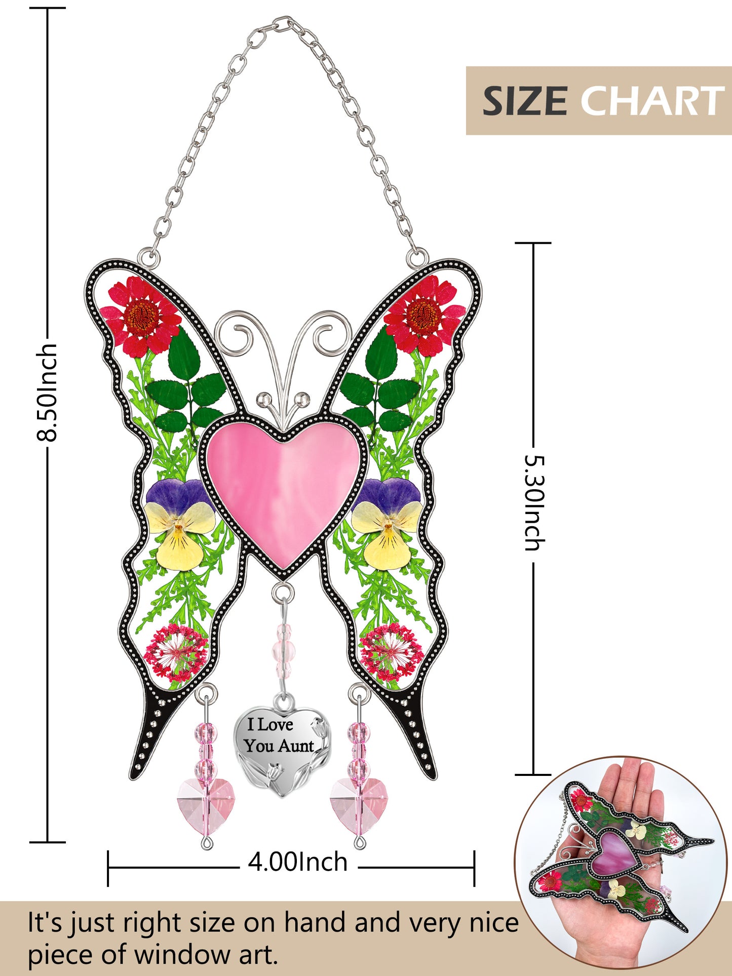 Butterfly Suncatcher with Real Flowers – "I Love You Aunt" Heart Gift
