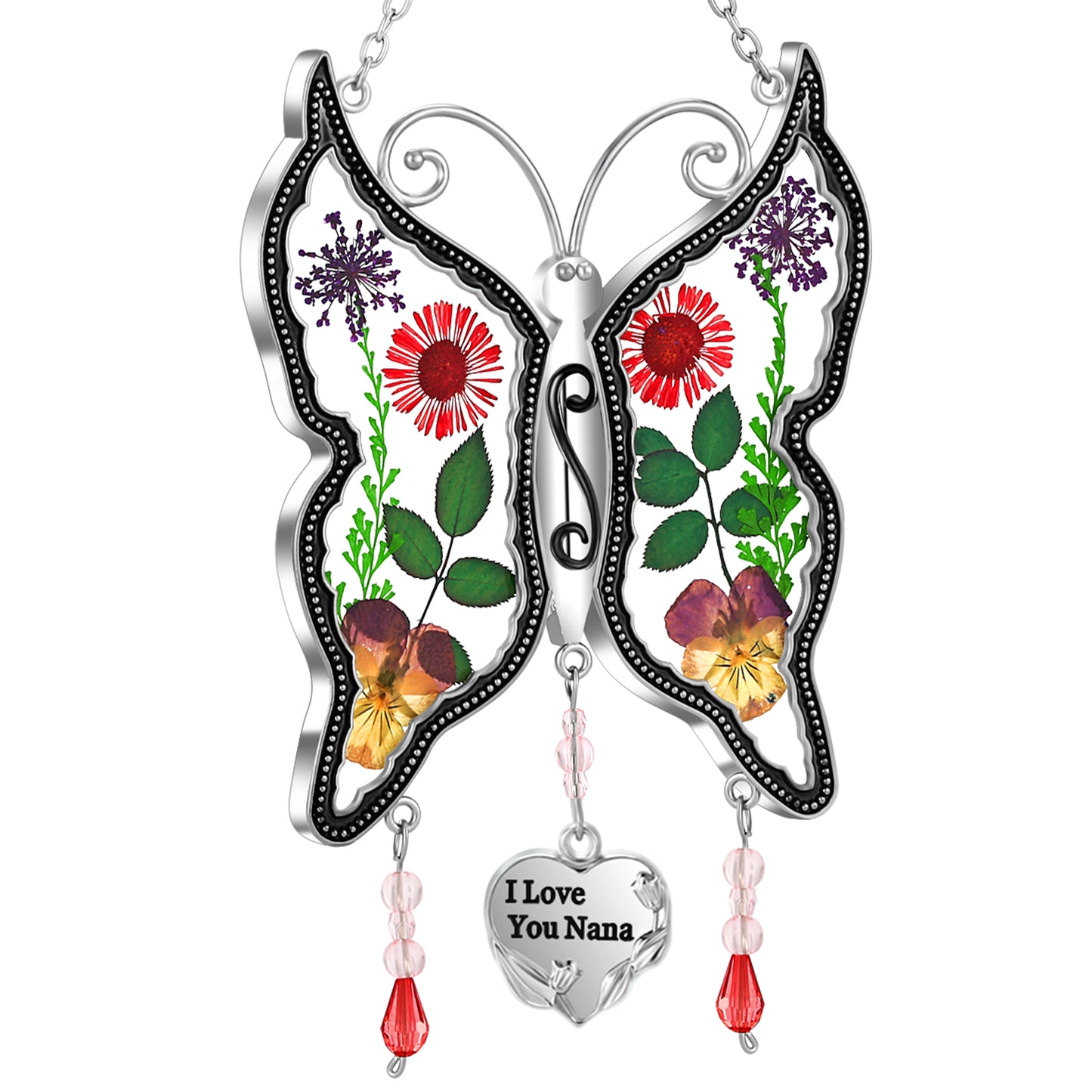 Butterfly Sun Catcher with Real Flowers – "I Love You Nana" Hanging Ornament