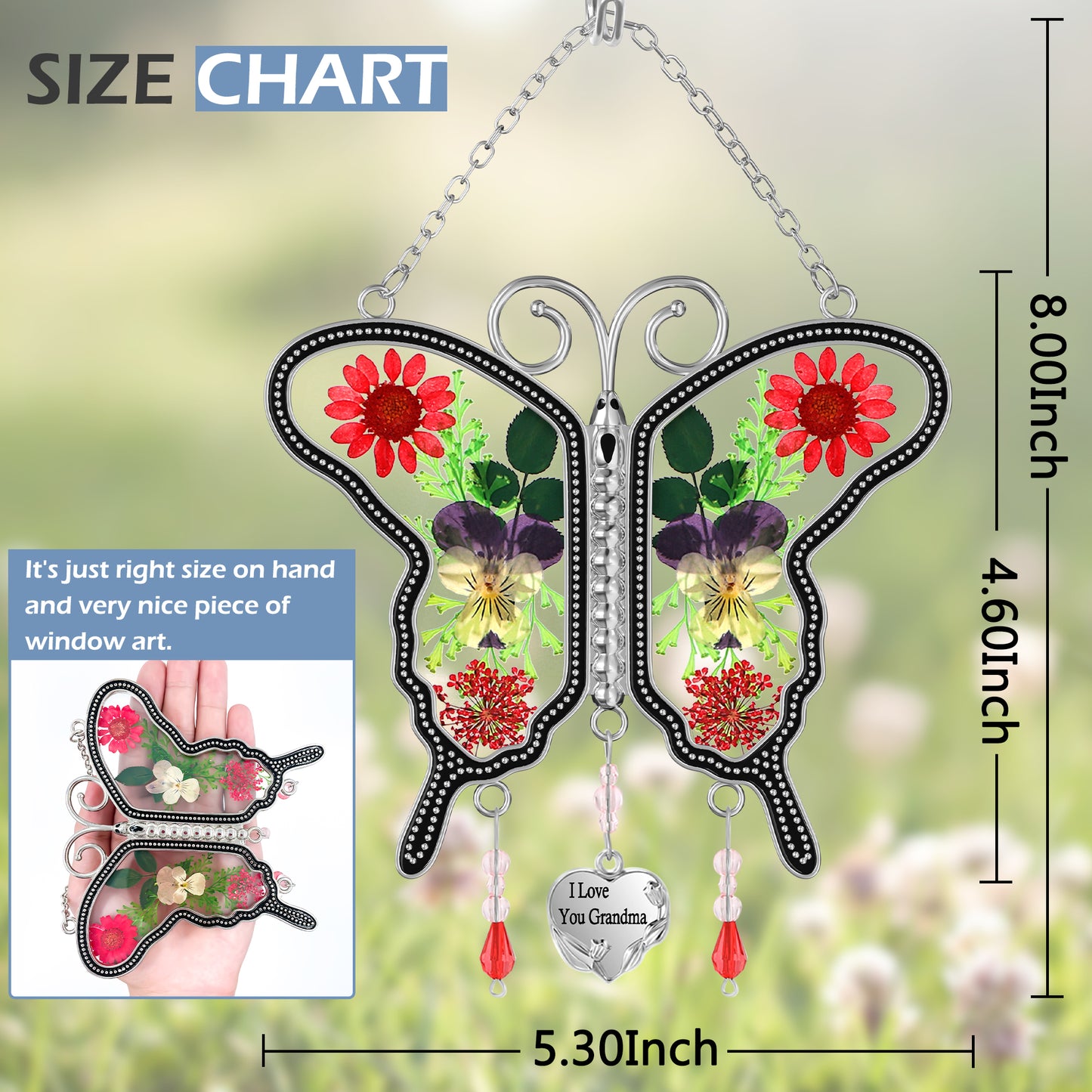 "I Love You Grandma" Butterfly Suncatcher – Handmade Glass Ornament with Real Flowers