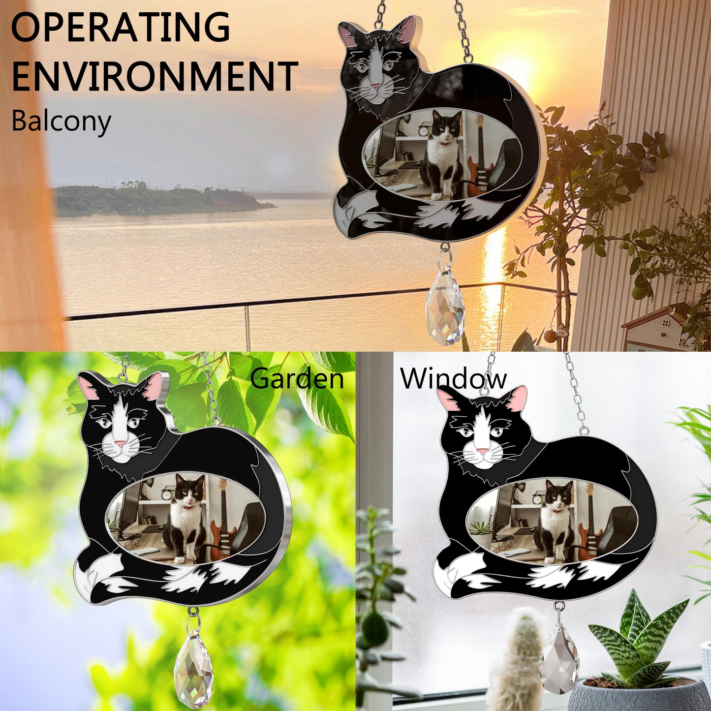 Stained Glass Black & White Cat Hanging Photo Frame with Crystal Pendant