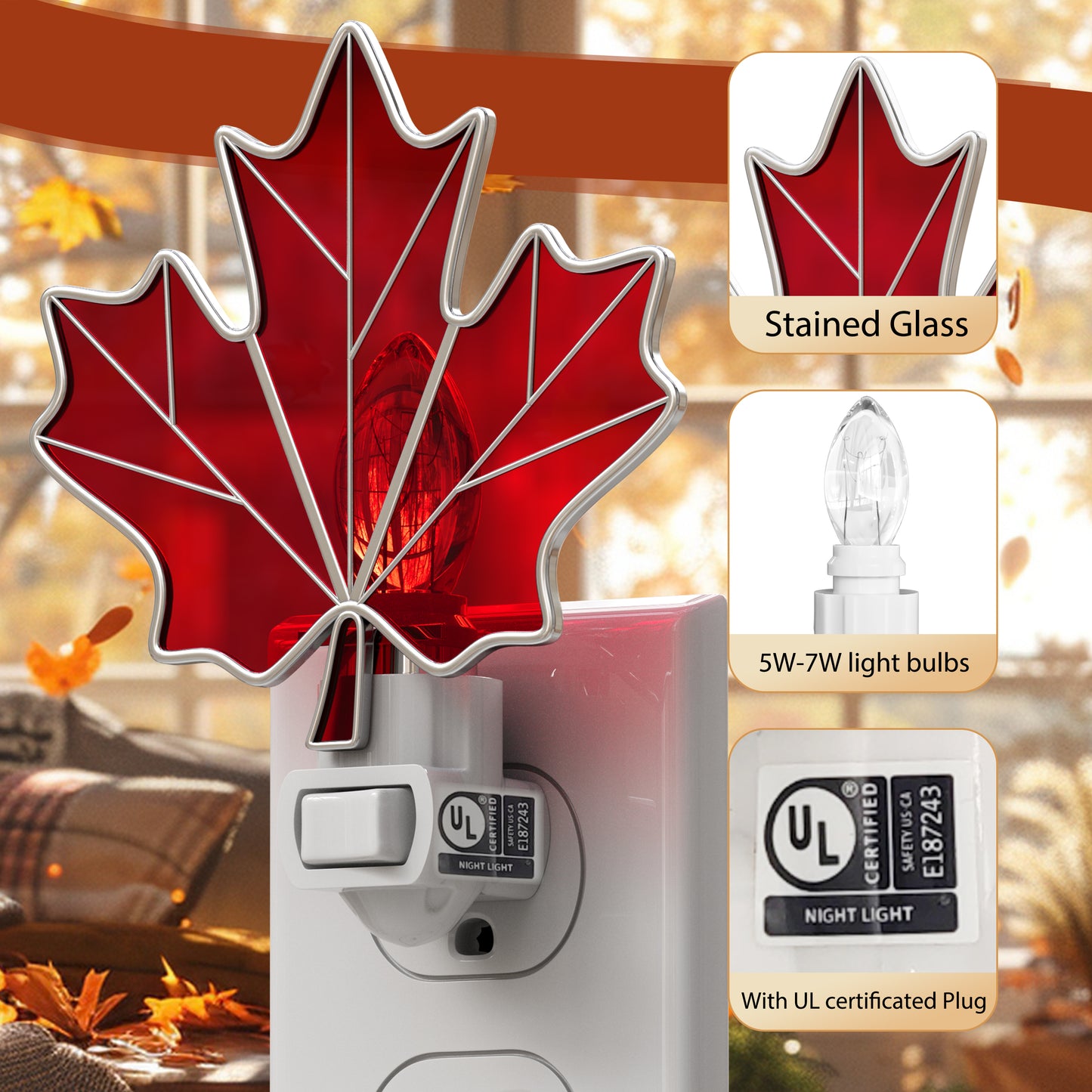 Maple Leaf Stained Glass Night Light – 3000K Soft Warm Glow