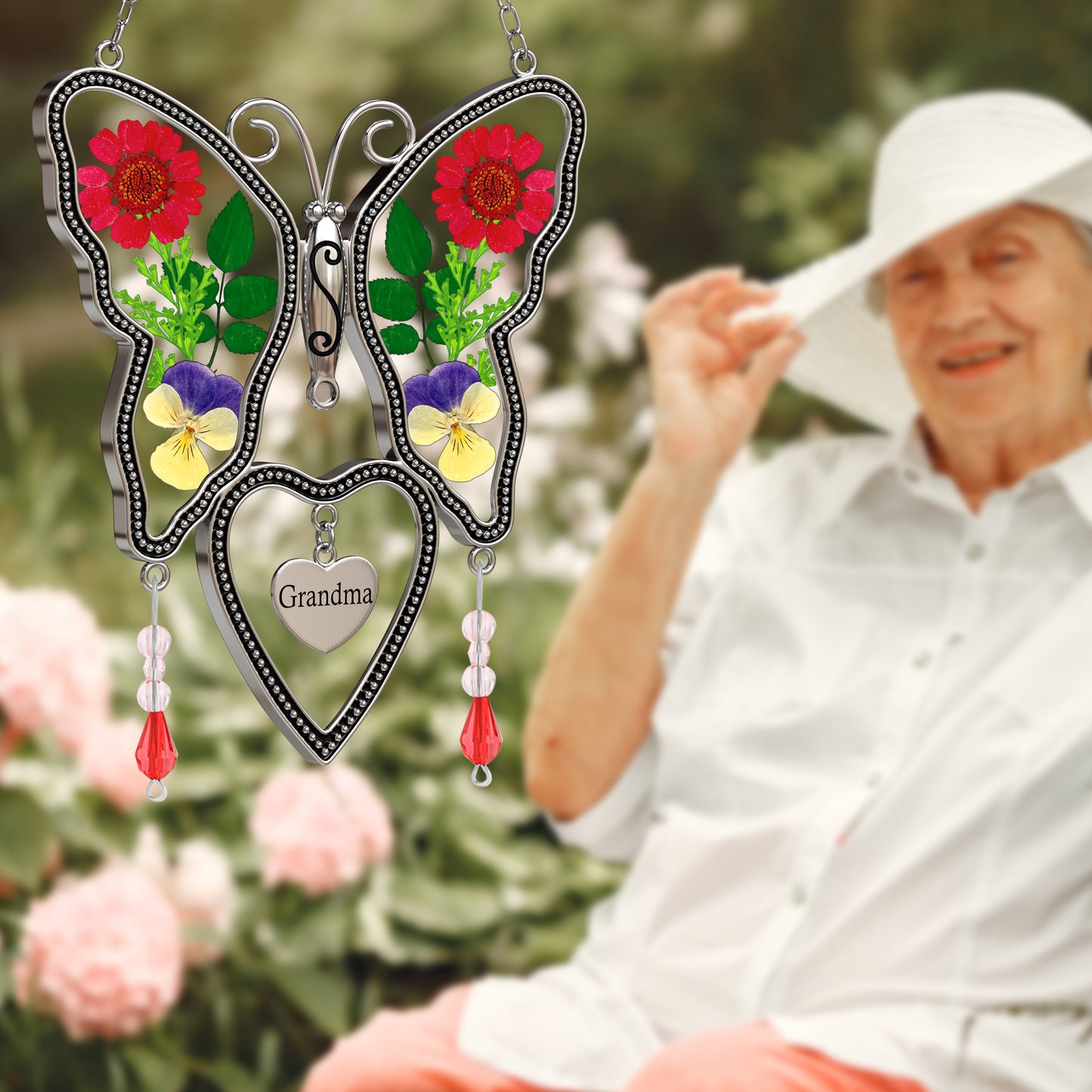 Grandma Butterfly Suncatcher with Real Pressed Flowers – Window Hanging Gift