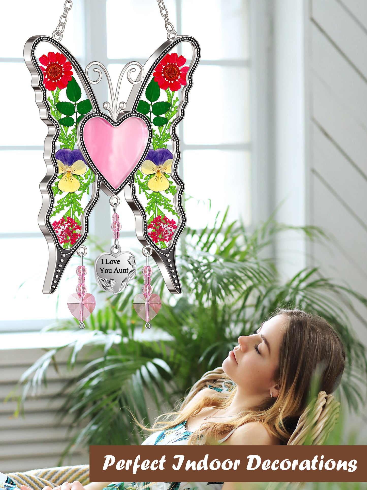Butterfly Suncatcher with Real Flowers – "I Love You Aunt" Heart Gift