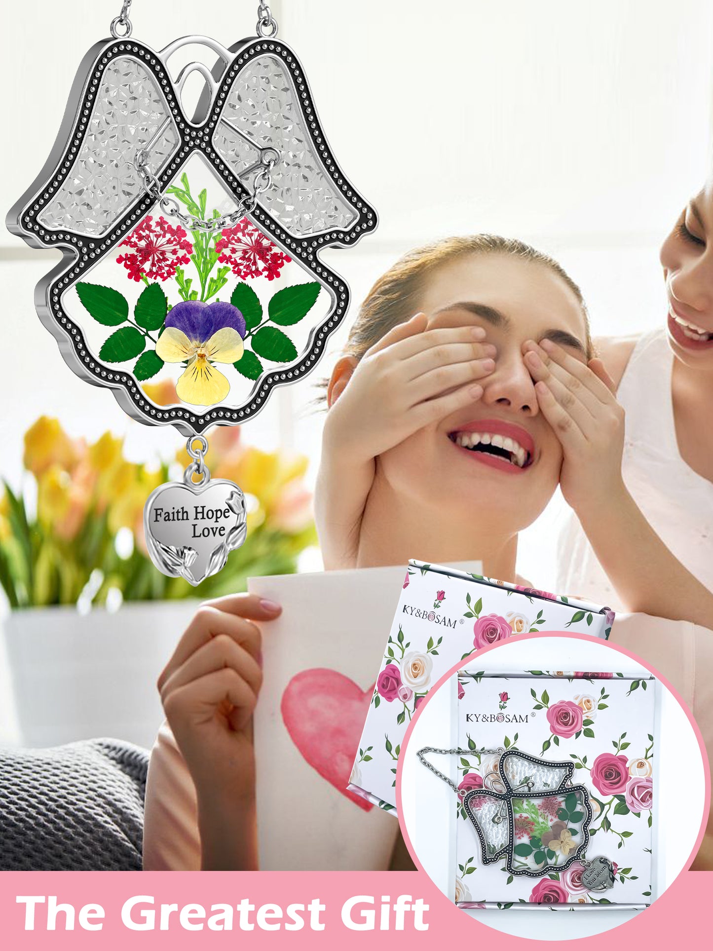 Angel Suncatcher with Real Pressed Flowers – “Faith Hope Love” Heart Charm