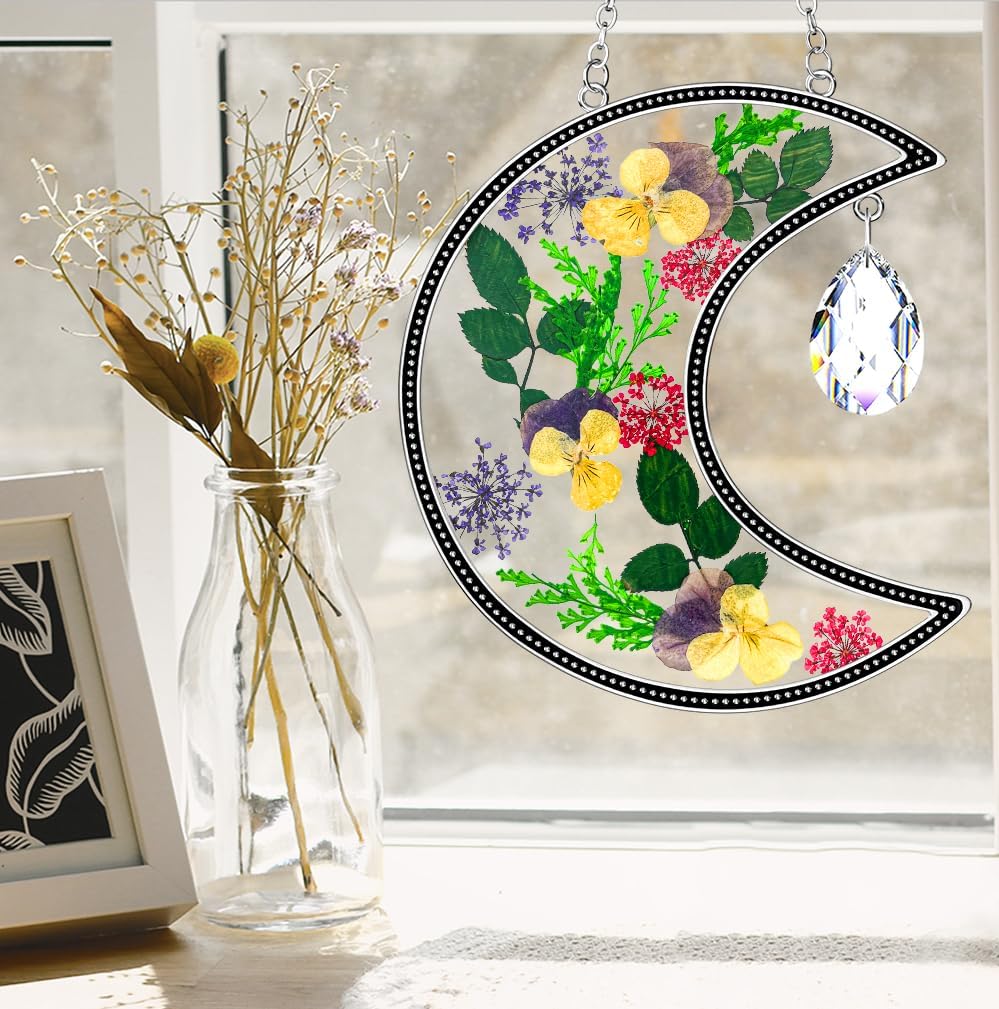 Moon Crescent Pressed Flower Suncatcher with Crystal Prism | Handmade Real Dried Flower Window Hanging Decor