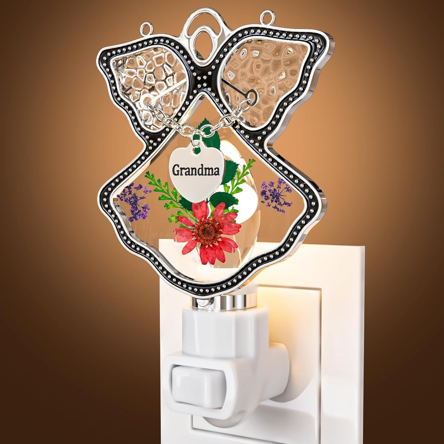 Angel Night Light with Real Pressed Flowers – MOM Heart Pendant Gift for Mother