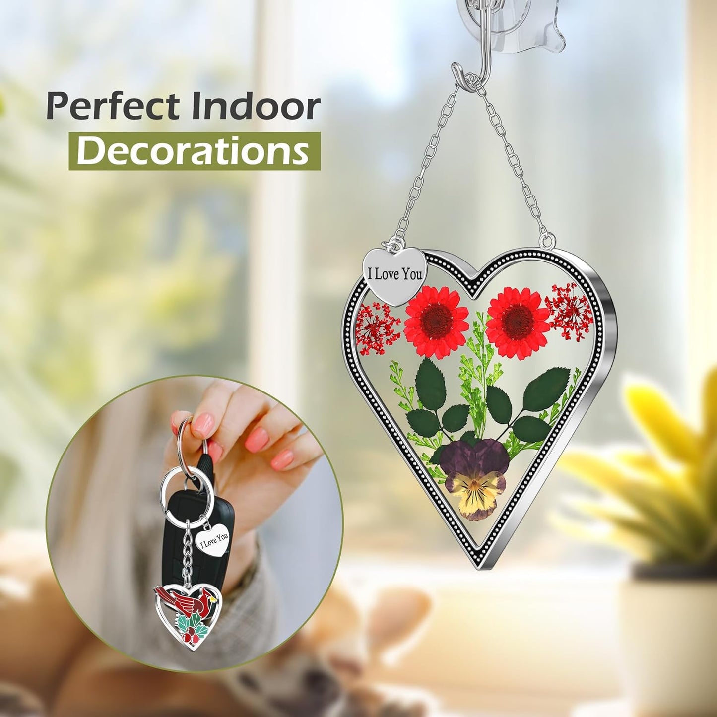 Heart-Shaped Real Flower Suncatcher with 'I Love You' Keychain Gift Set