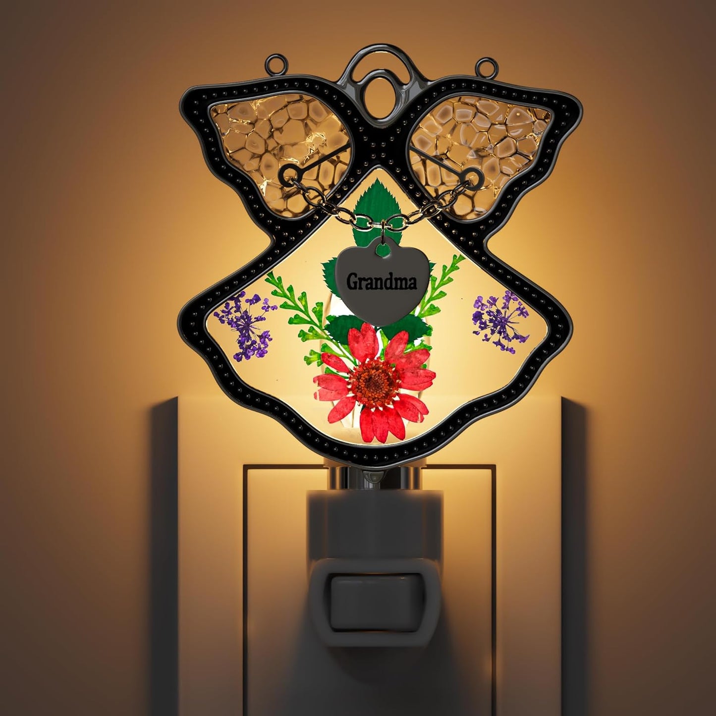Angel Night Light with Real Pressed Flowers – MOM Heart Pendant Gift for Mother