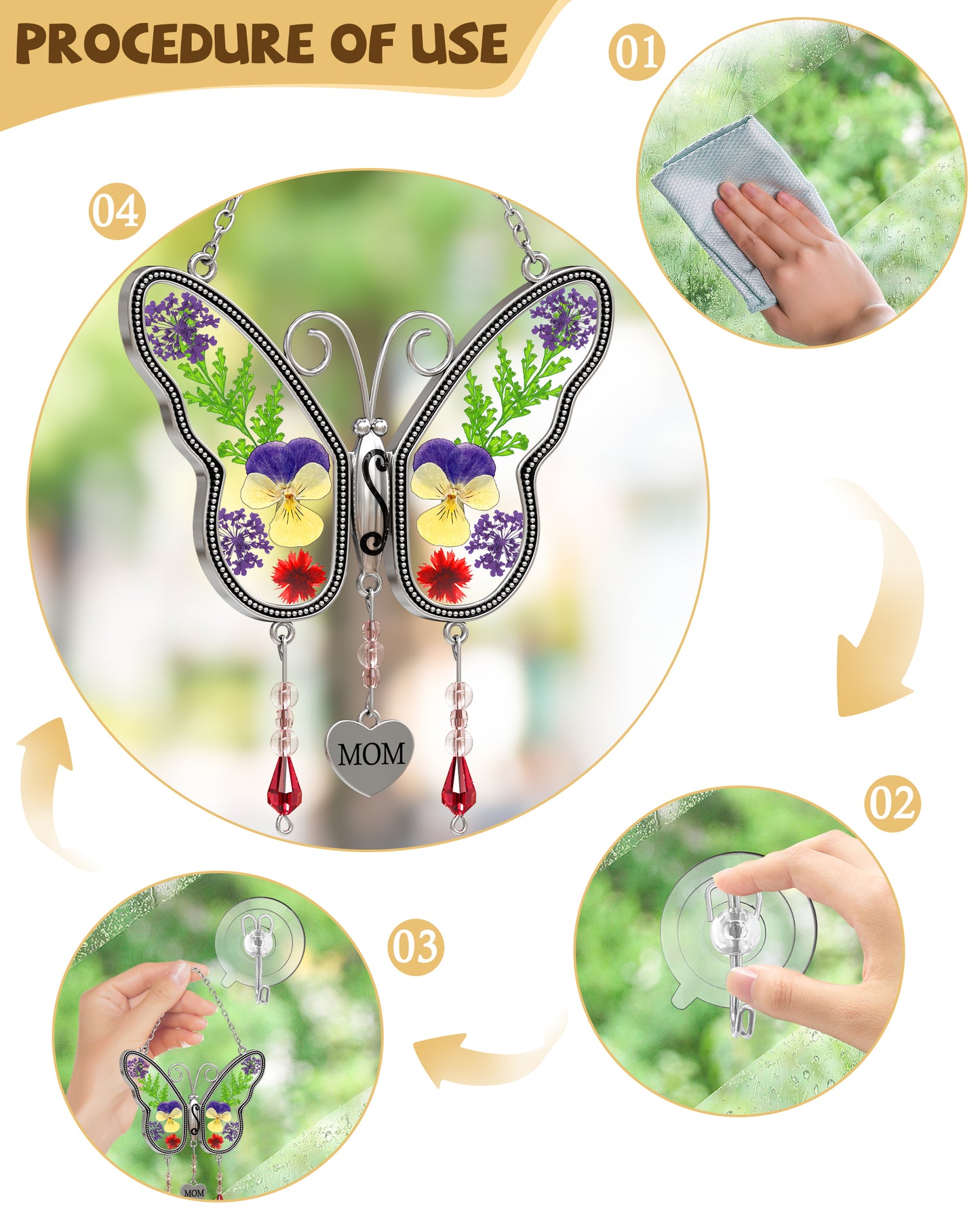 Butterfly Suncatcher with Real Pressed Flowers – “MOM” Heart Charm Window Gift