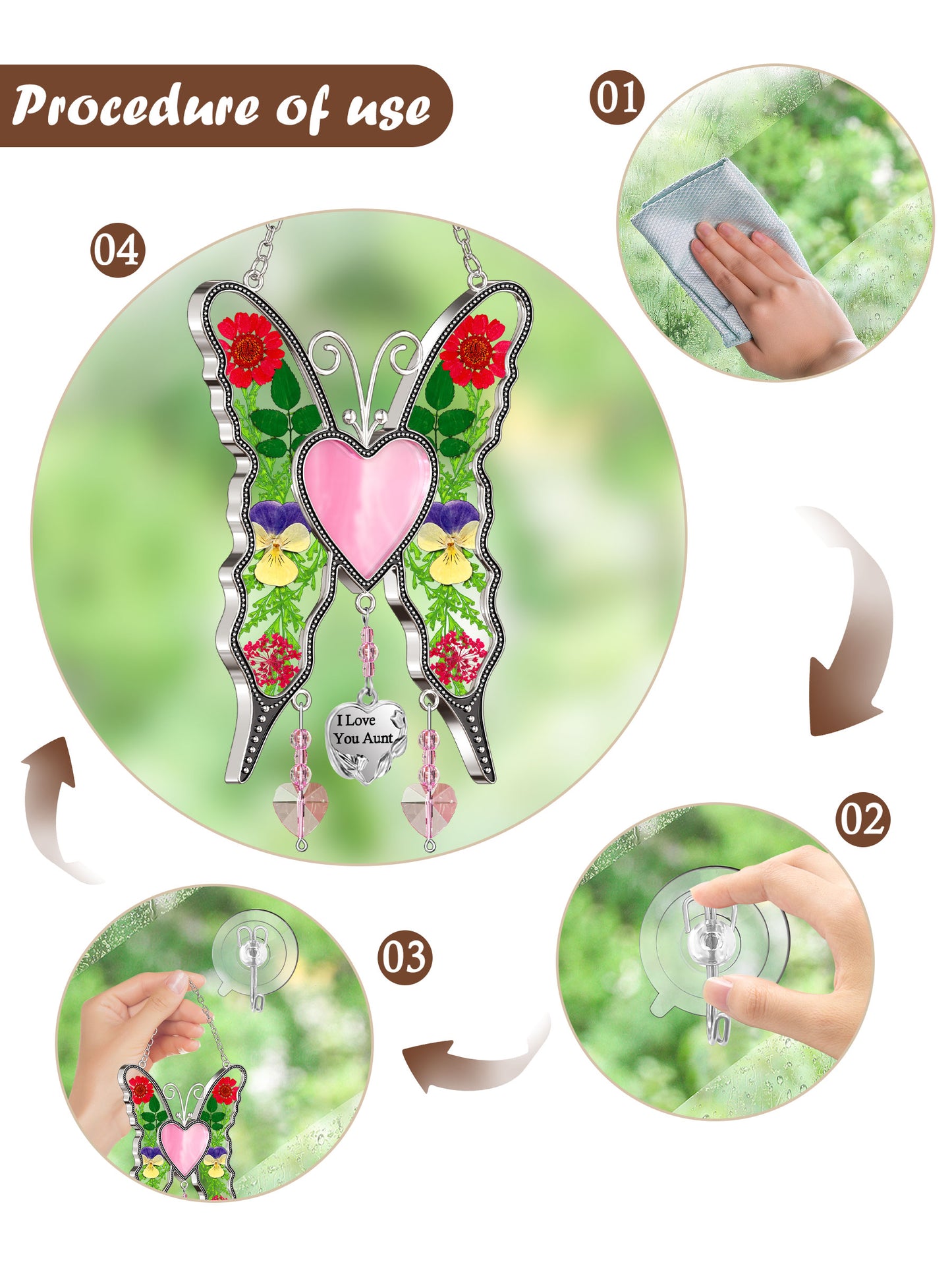 Butterfly Suncatcher with Real Flowers – "I Love You Aunt" Heart Gift