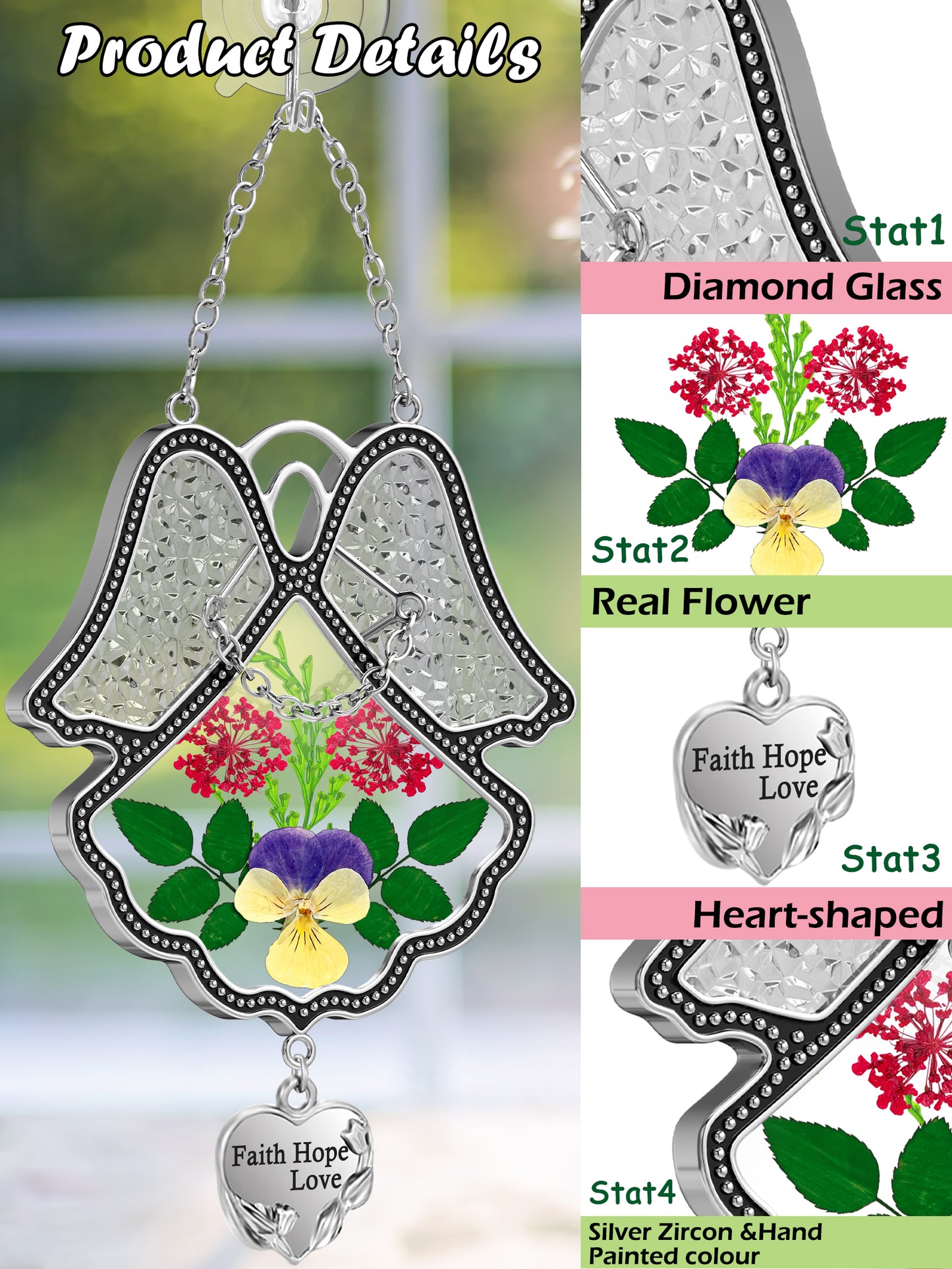 Angel Suncatcher with Real Pressed Flowers – “Faith Hope Love” Heart Charm