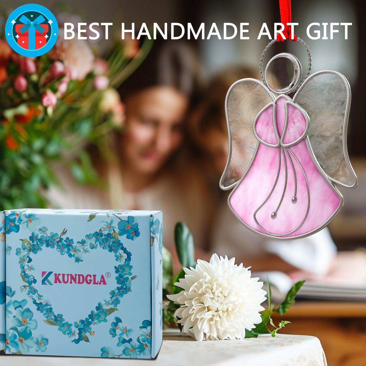 Stained Glass Angel Ornament – Amber & Clear Textured Glass Hanging Decoration