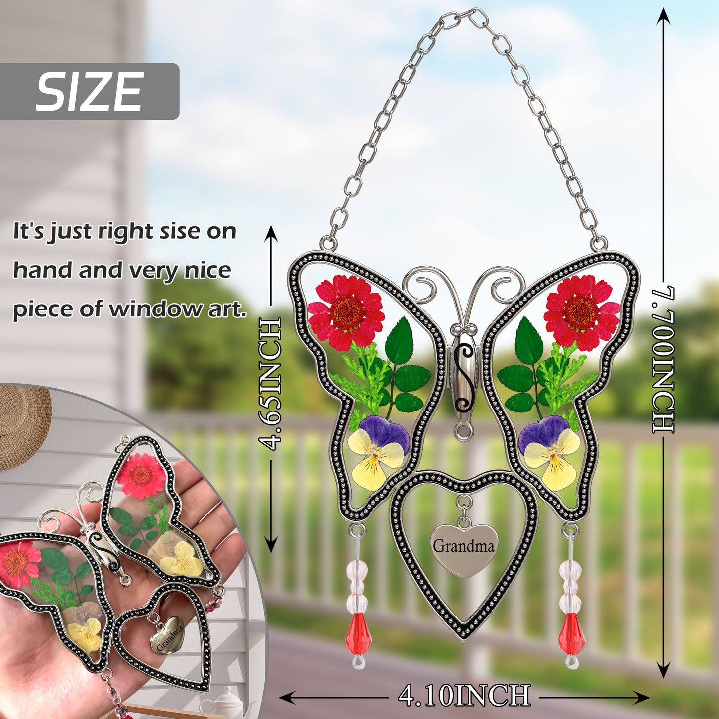 Grandma Butterfly Suncatcher with Real Pressed Flowers – Window Hanging Gift