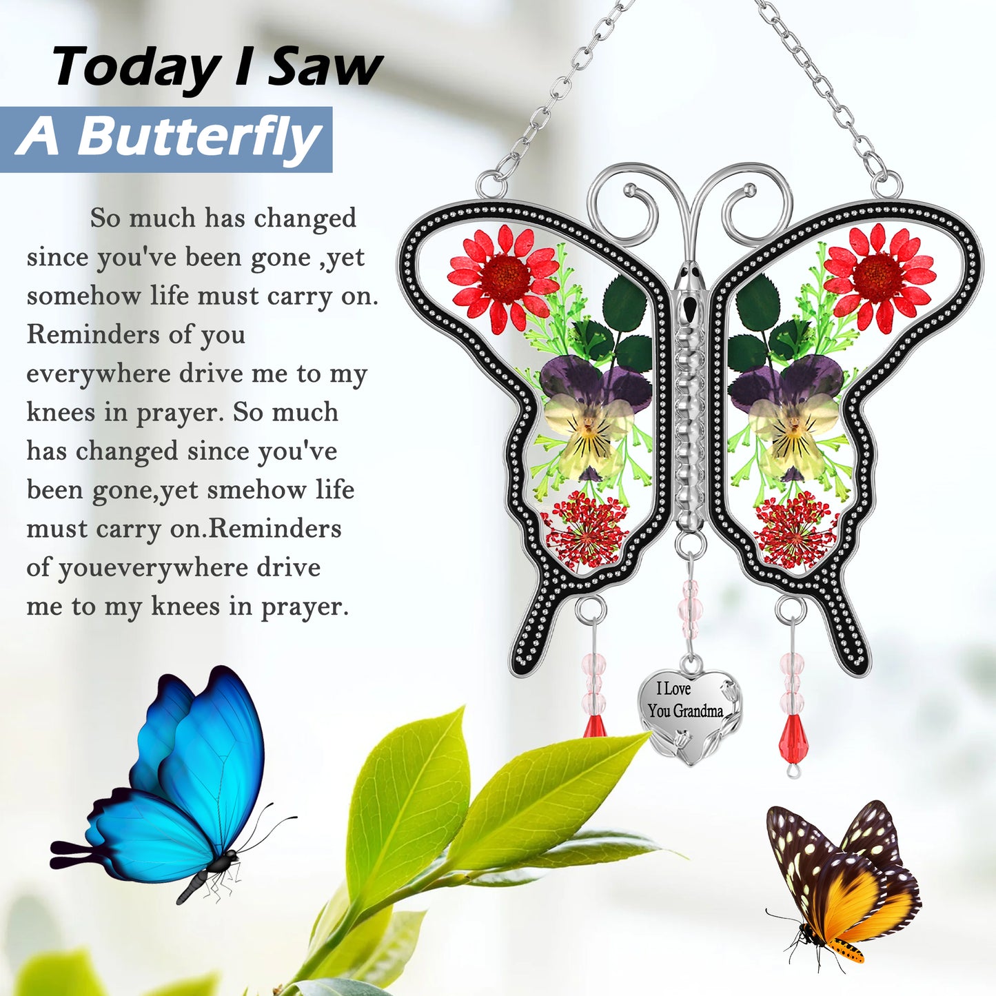 "I Love You Grandma" Butterfly Suncatcher – Handmade Glass Ornament with Real Flowers