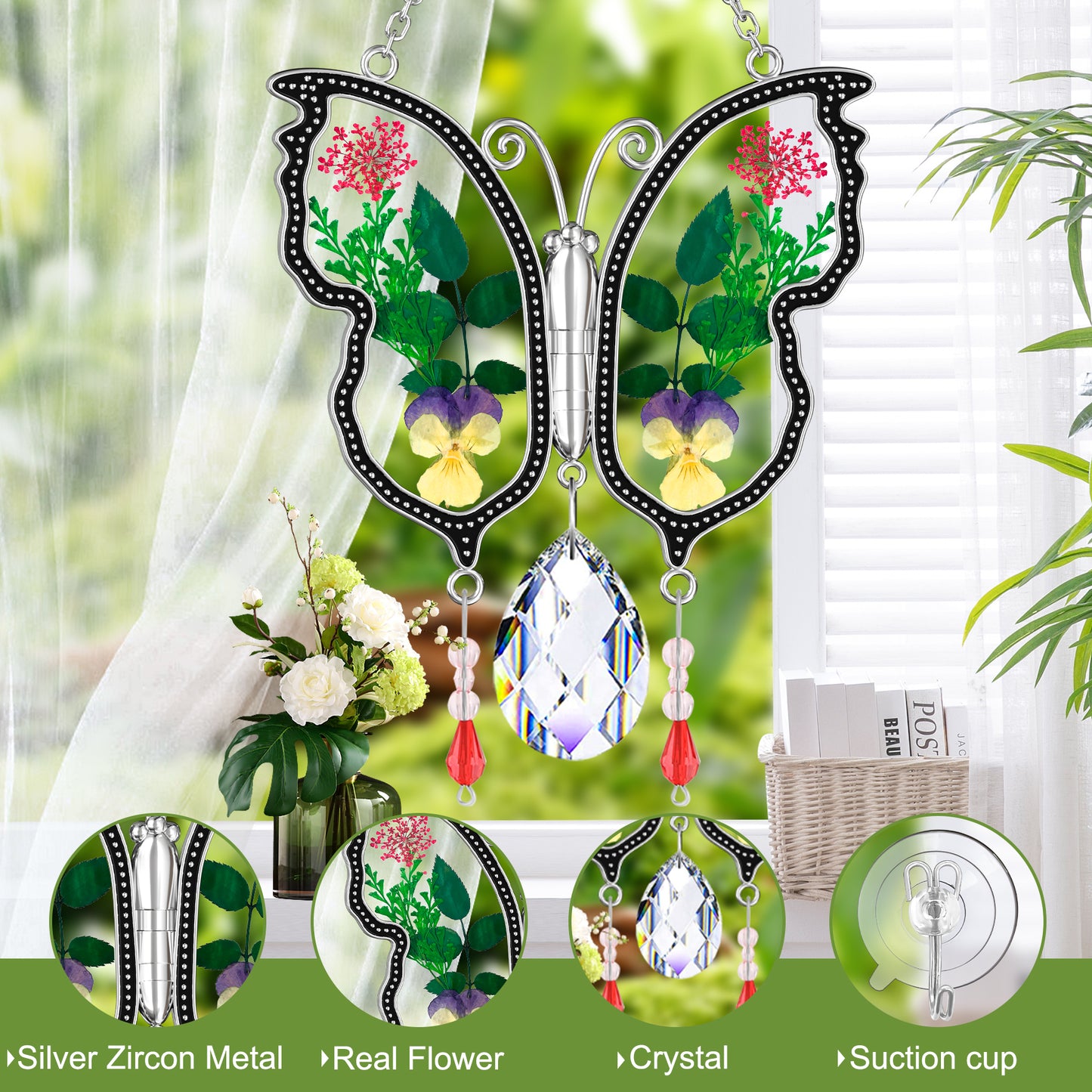 Holiday Butterfly Suncatcher – Real Flowers and Crystal Window Ornament