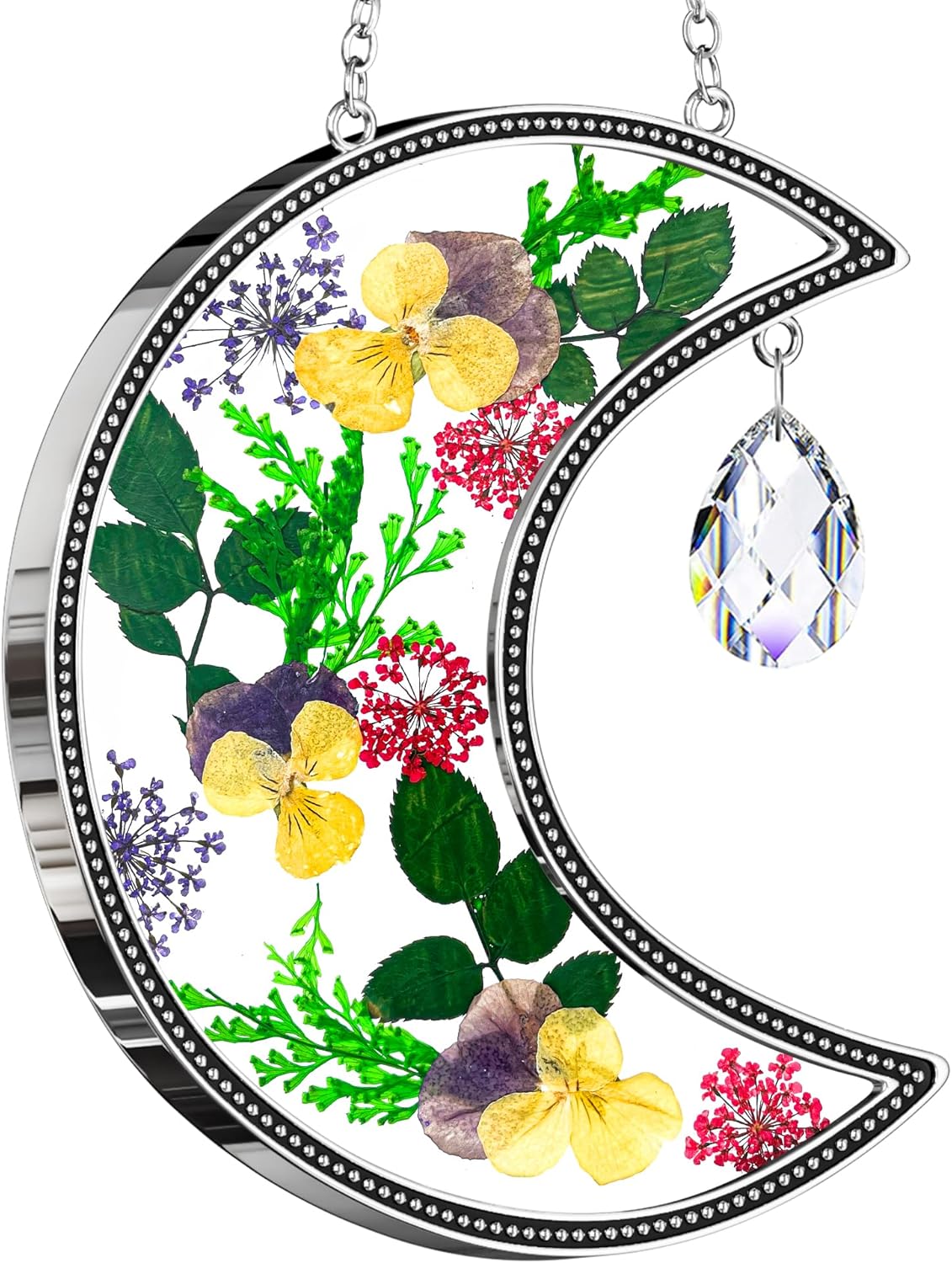 Moon Crescent Pressed Flower Suncatcher with Crystal Prism | Handmade Real Dried Flower Window Hanging Decor