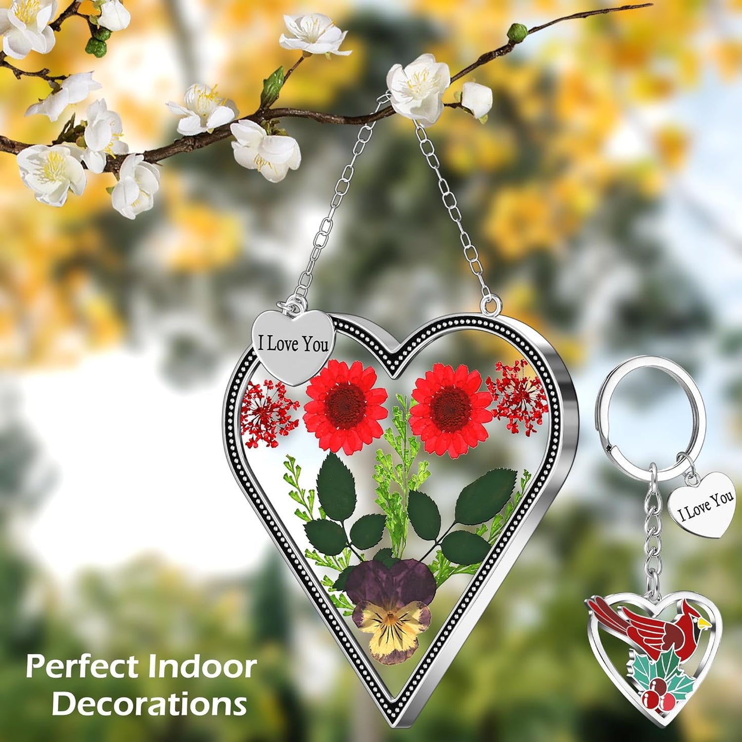 Heart-Shaped Real Flower Suncatcher with 'I Love You' Keychain Gift Set