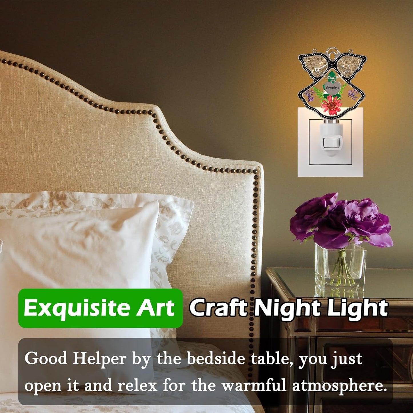 Angel Night Light with Real Pressed Flowers – MOM Heart Pendant Gift for Mother