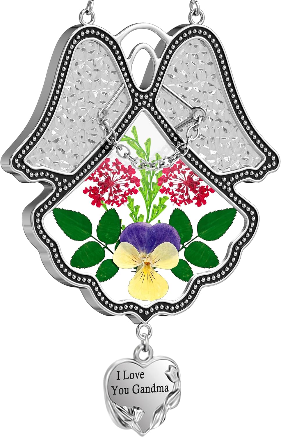 Angel Suncatcher with Real Pressed Flowers – “Faith Hope Love” Heart Charm