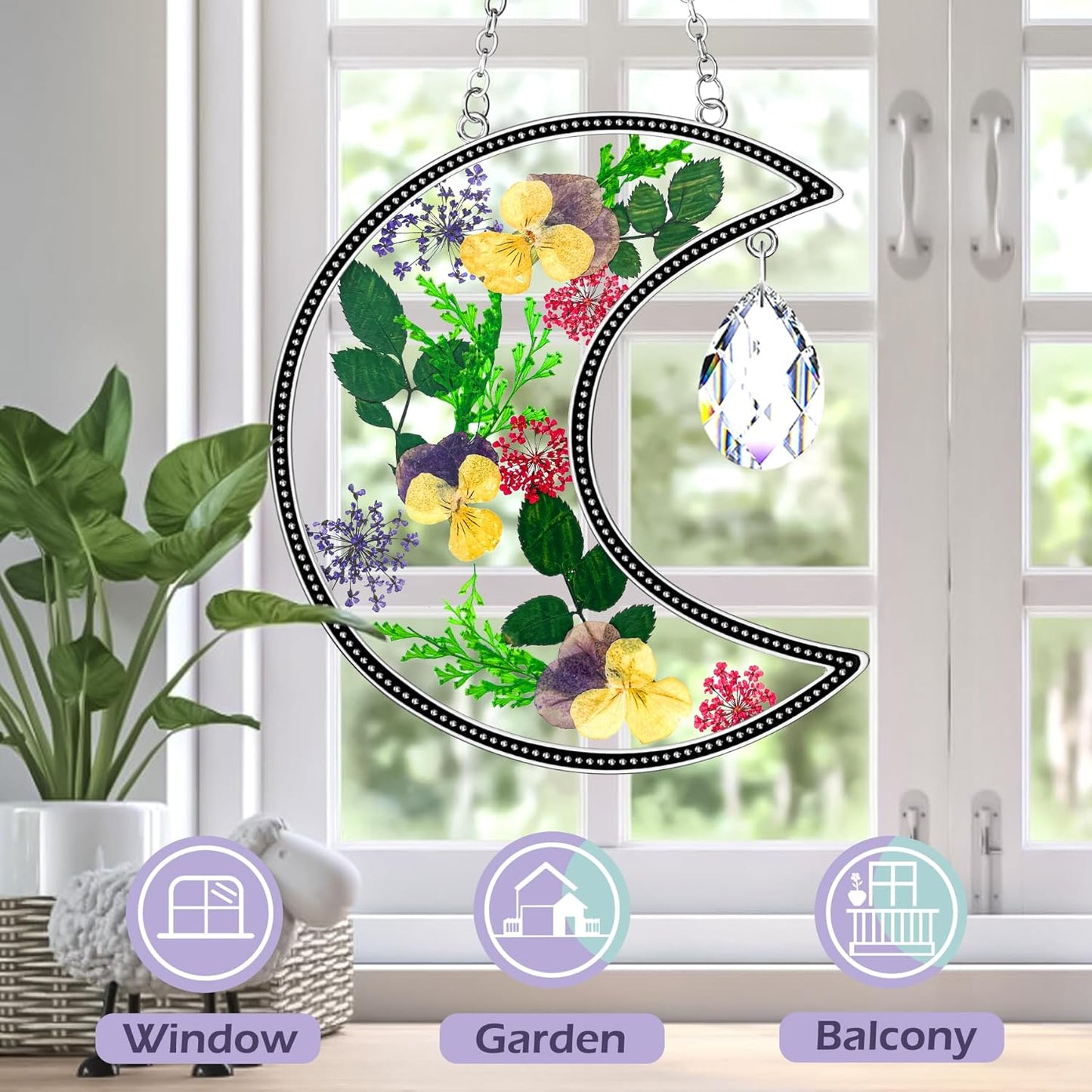 Moon Crescent Pressed Flower Suncatcher with Crystal Prism | Handmade Real Dried Flower Window Hanging Decor